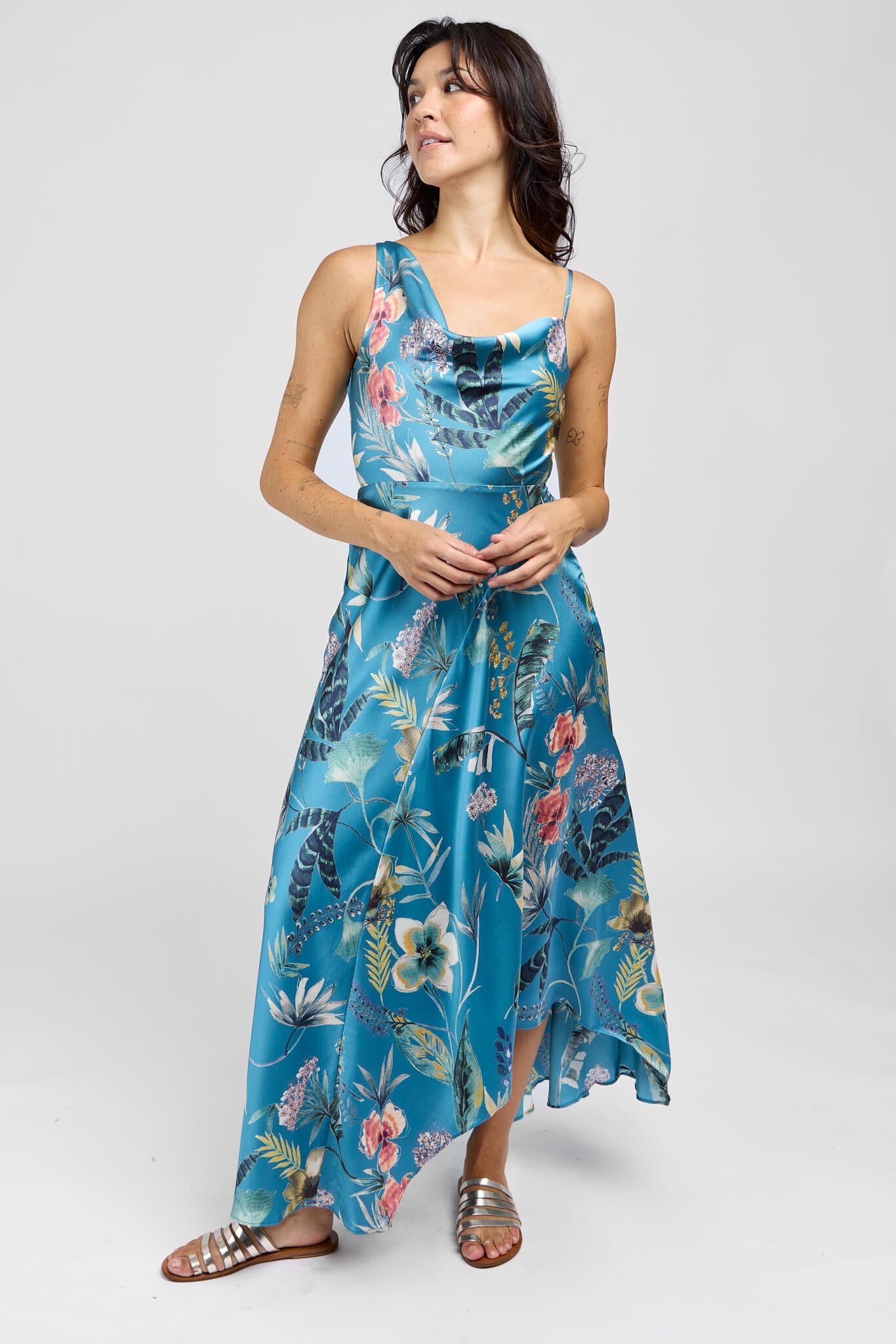 Womens blue silky midi dress with florals and foliage throughout