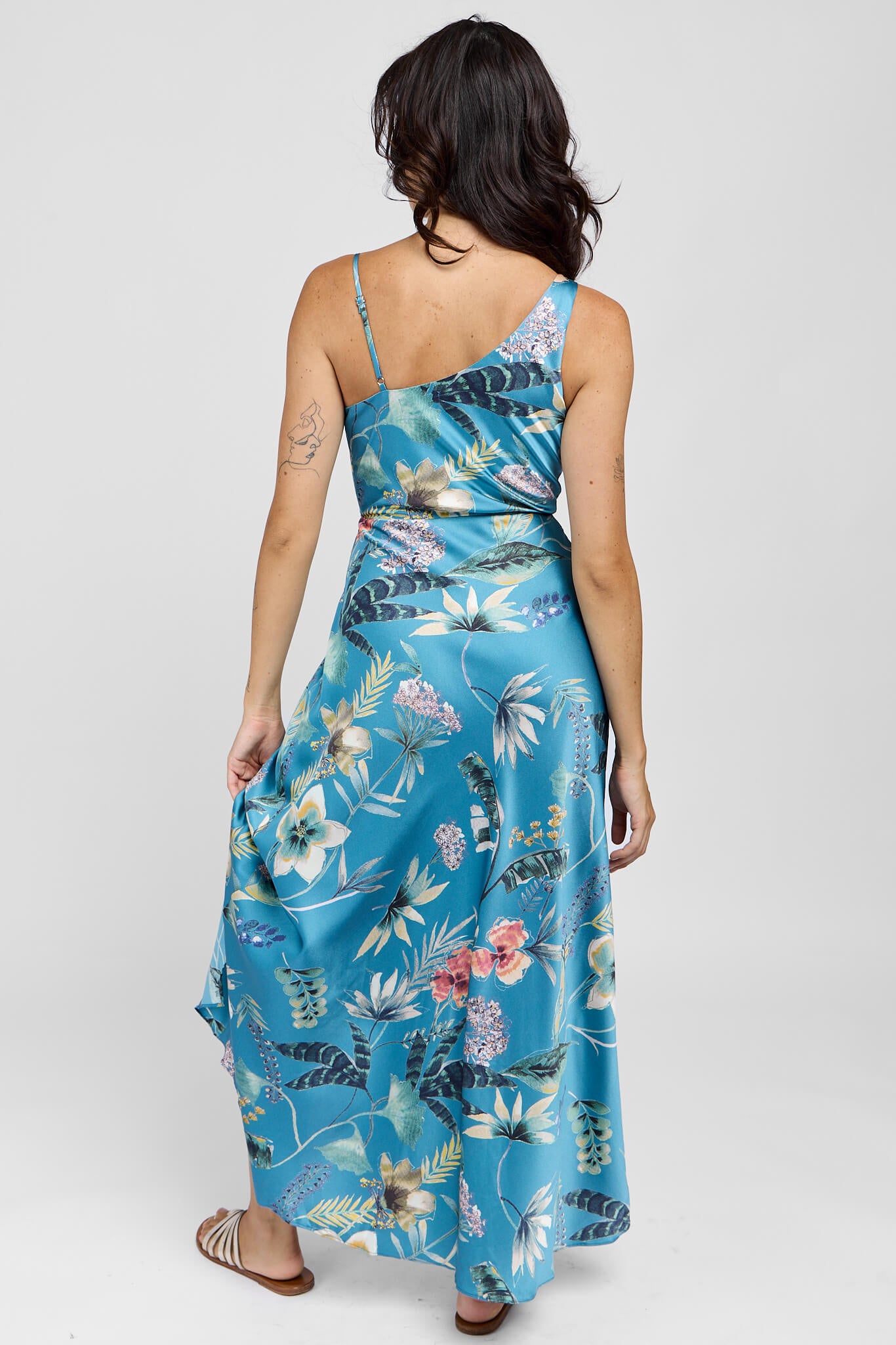 Womens silky blue dress with one spaghetti strap and thick strap