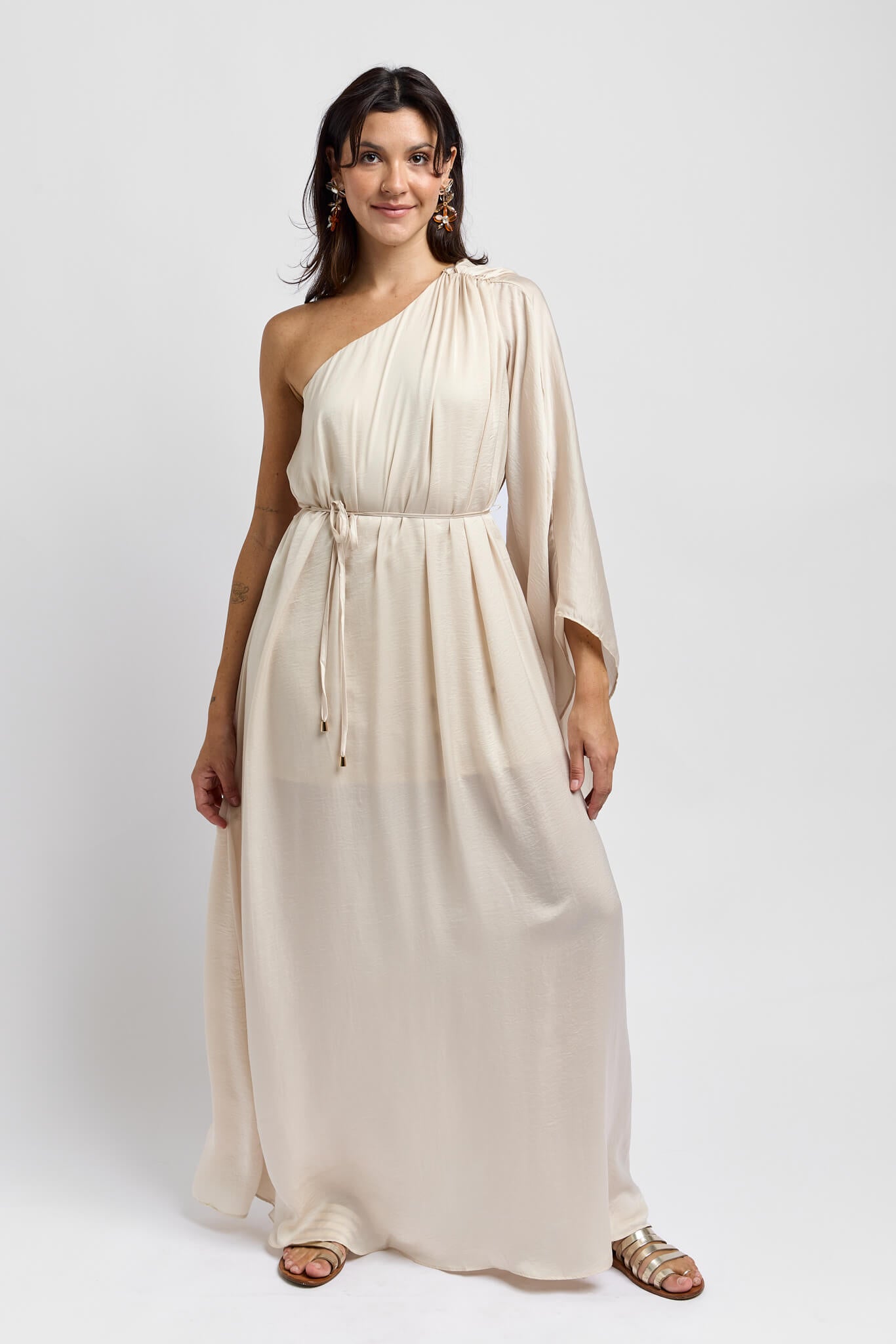 Womens champagne maxi dress with one shoulder sleeve