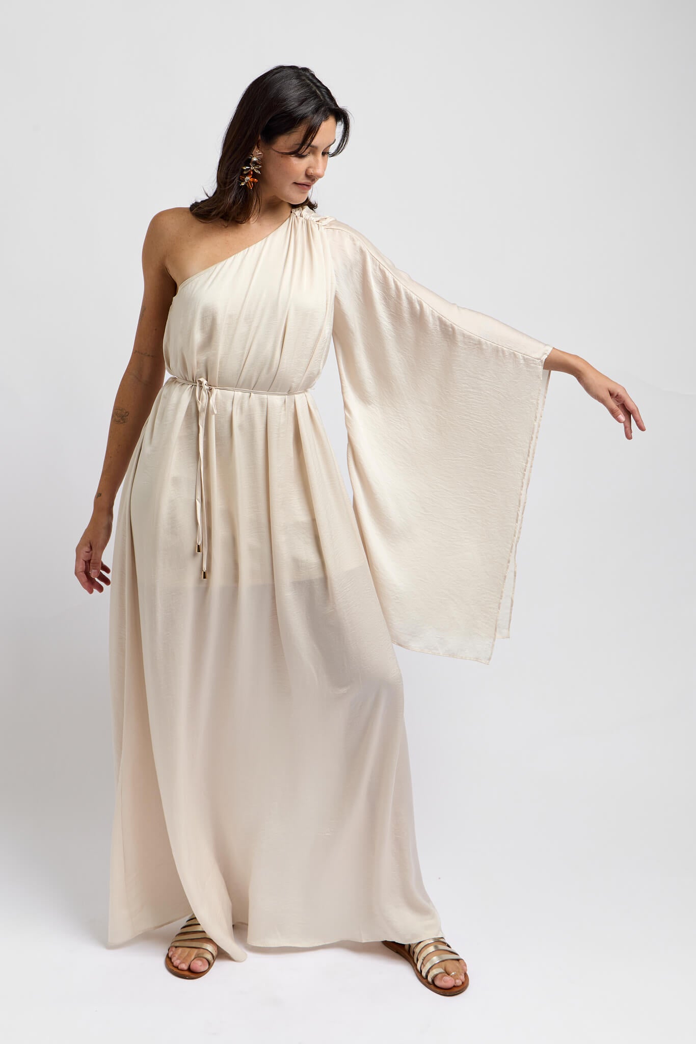 Womens champagne colored dress with waist tie