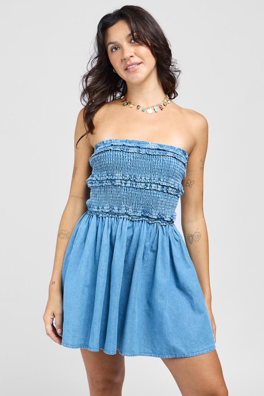 Womens blue denim smocked strapless dress