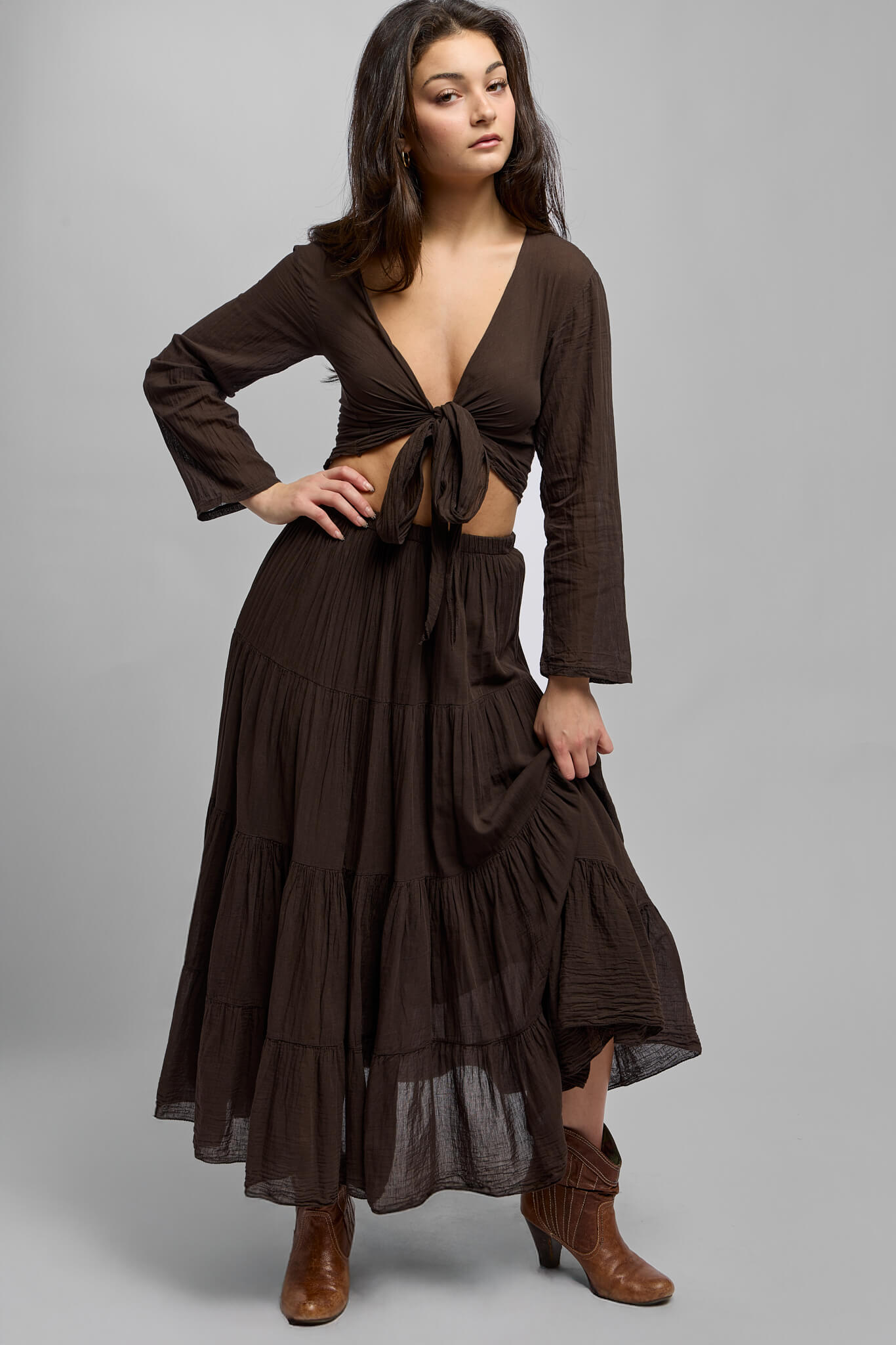 Womens brown front-tie top