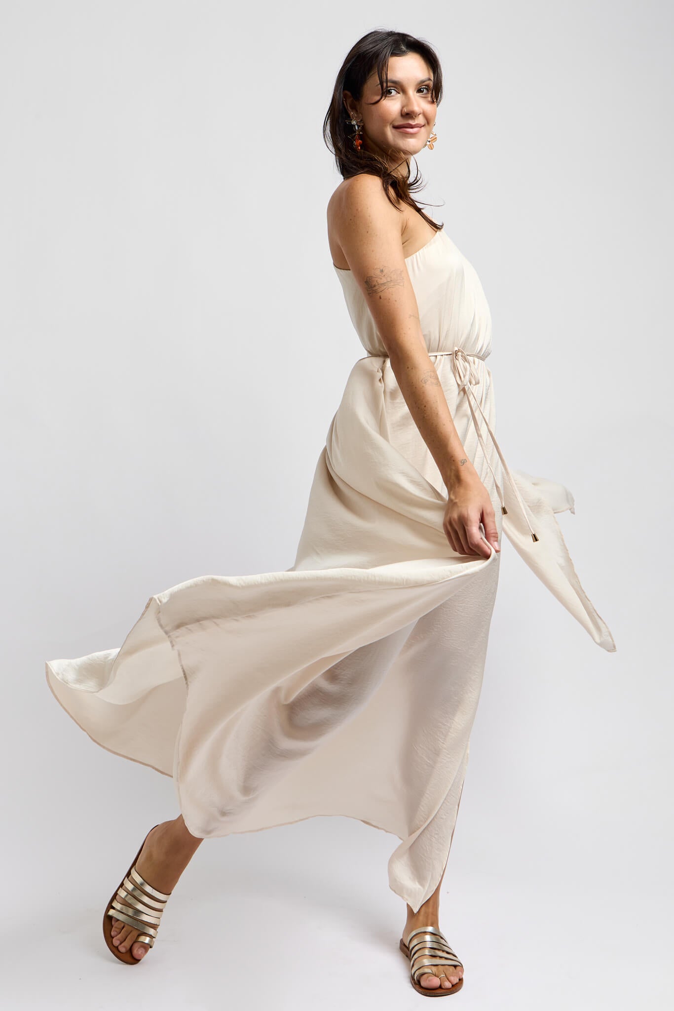 Womens flowy champagne dress with waist tie and slip