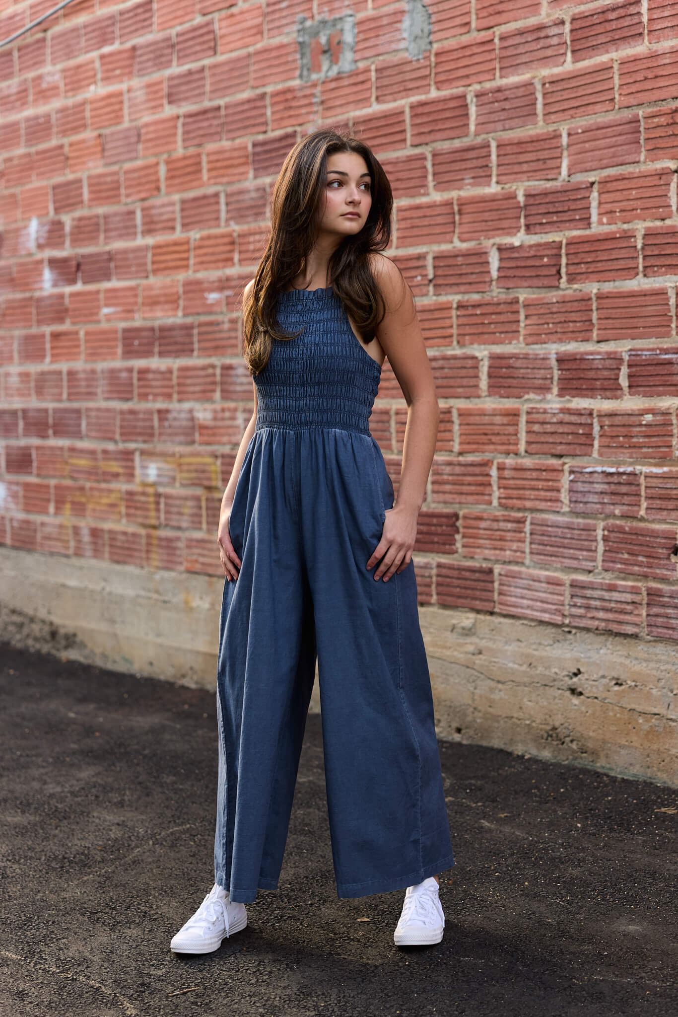 Womens smocked blue jumpsuit