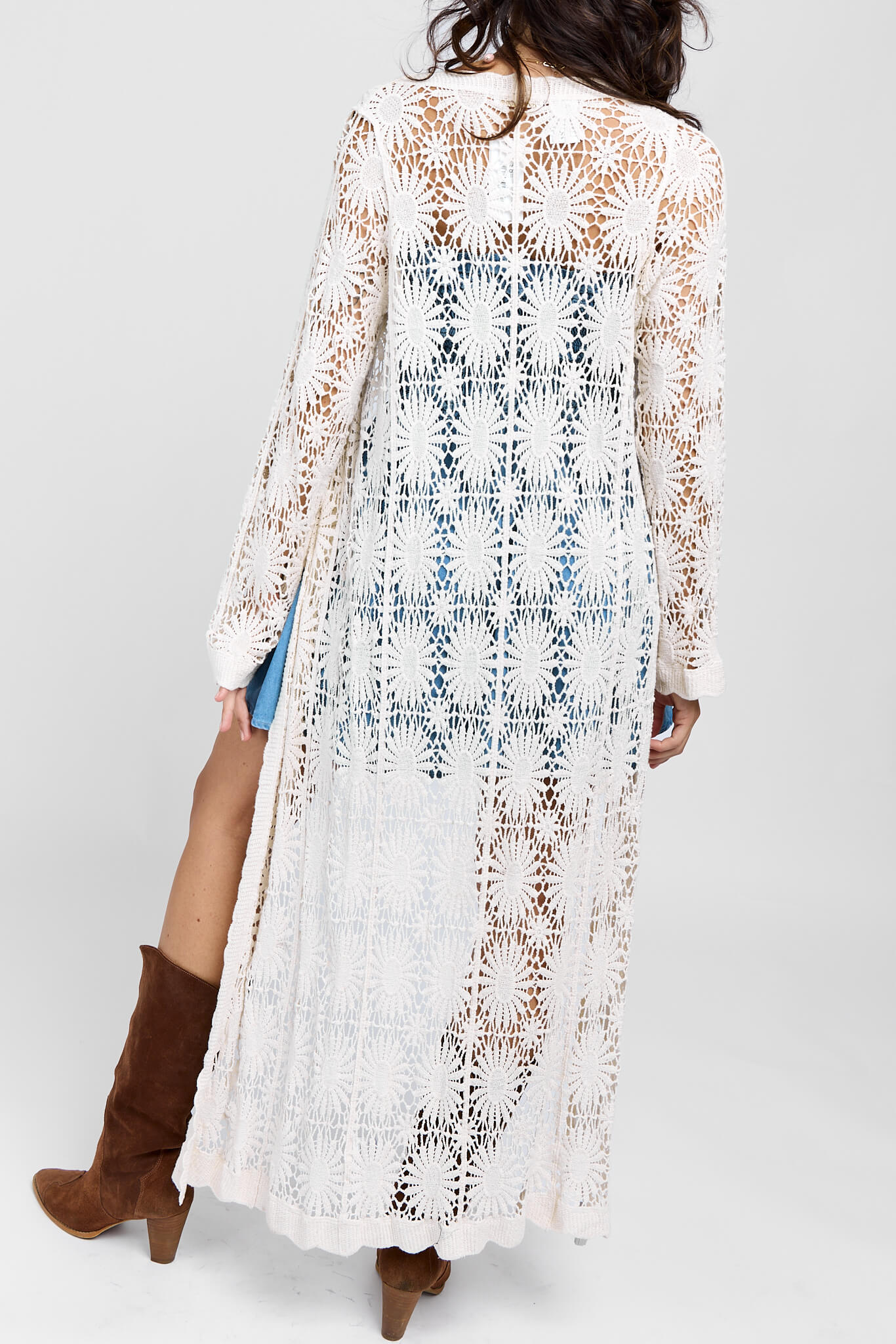 Womens long cardigan with side slits and sheer design