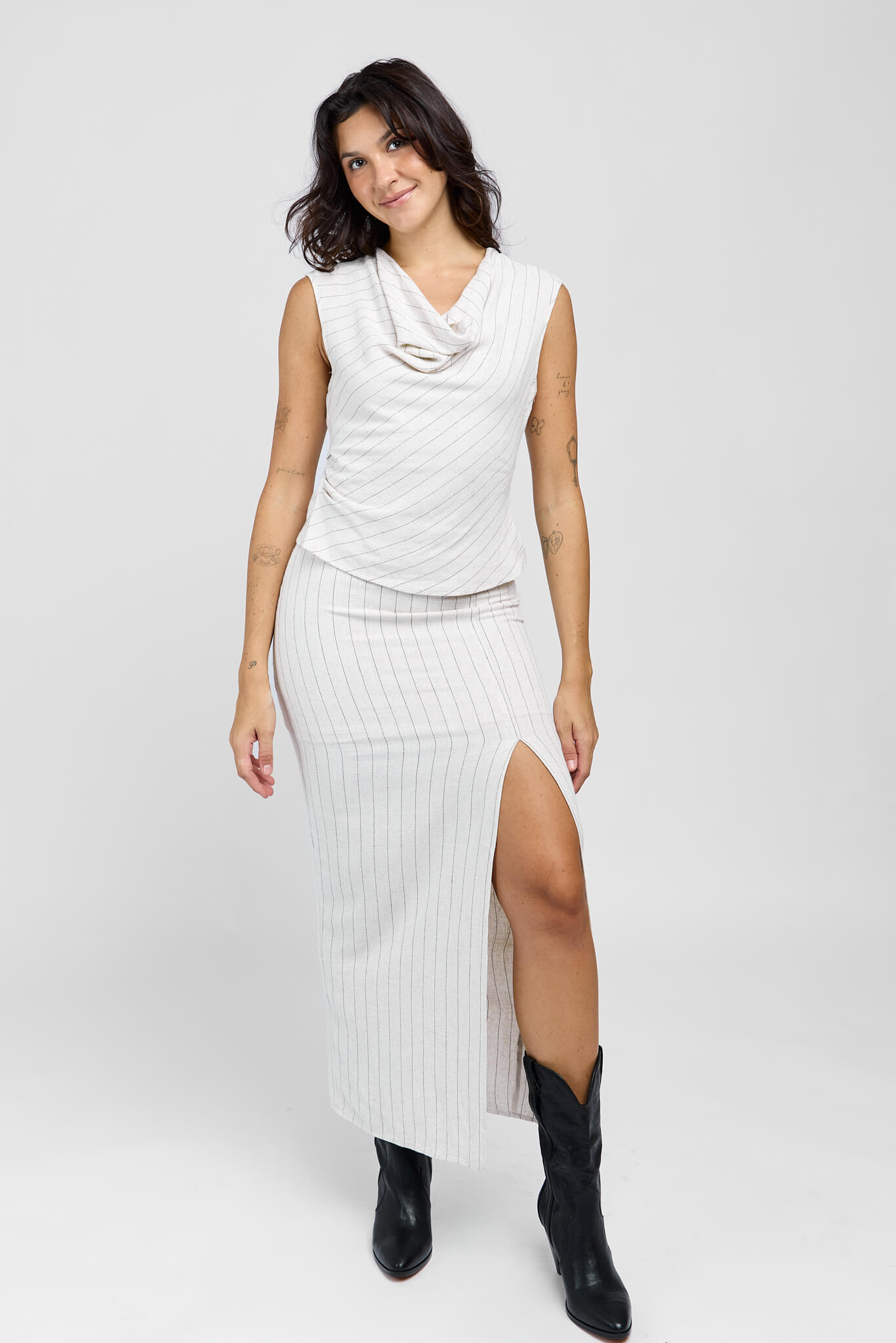 Womens neutral colored skirt set with soft pinstripes