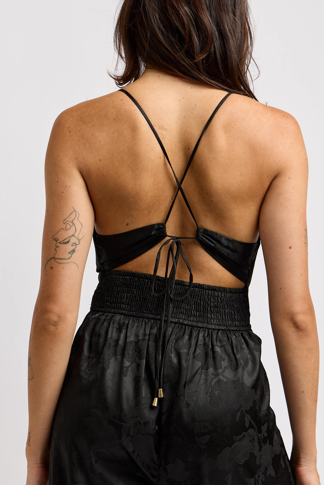 Womens open back with back criss cross ties and stretchy waistband