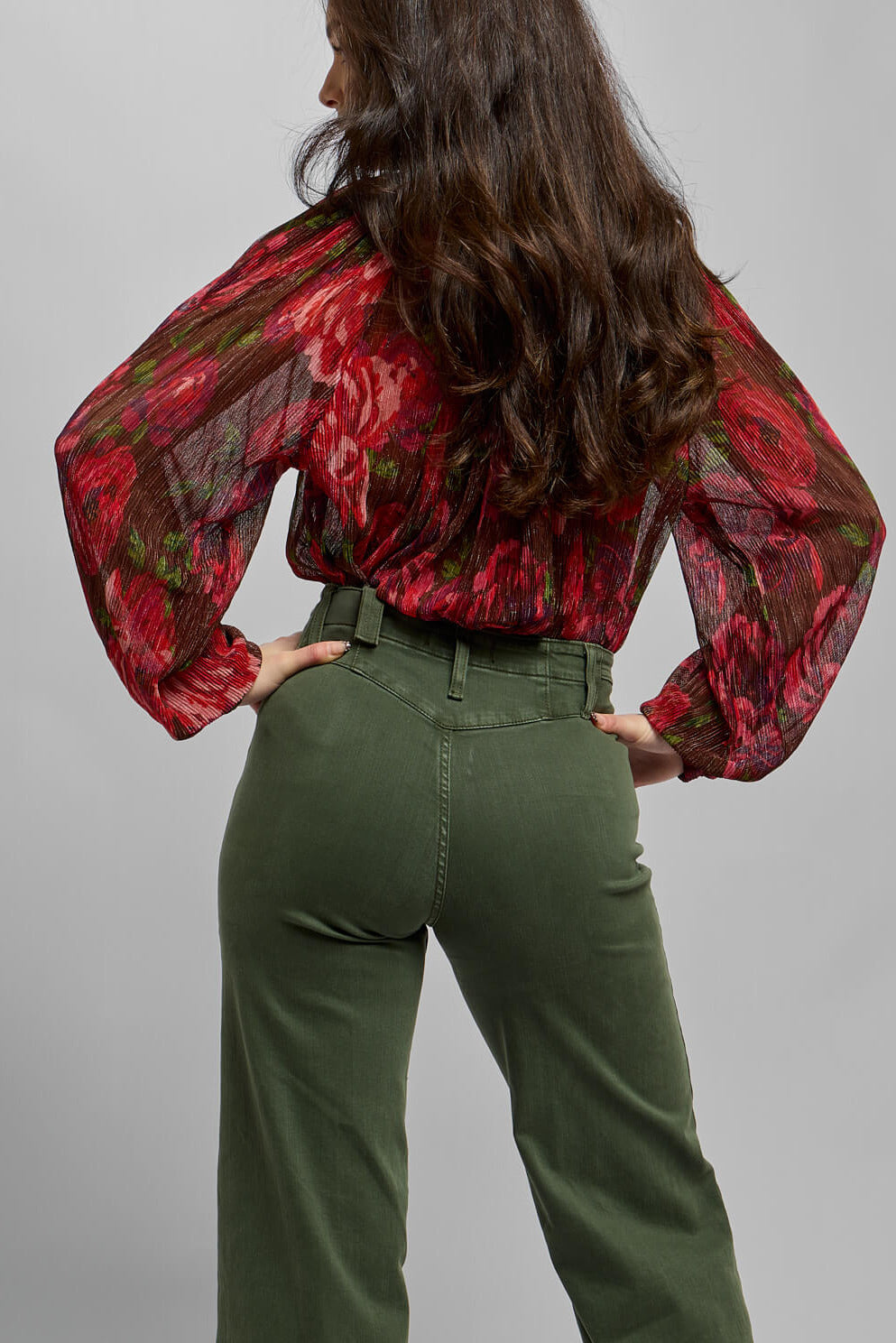 Womens red balloon sleeve top  with roses displayed throughout on sheer shimmery material