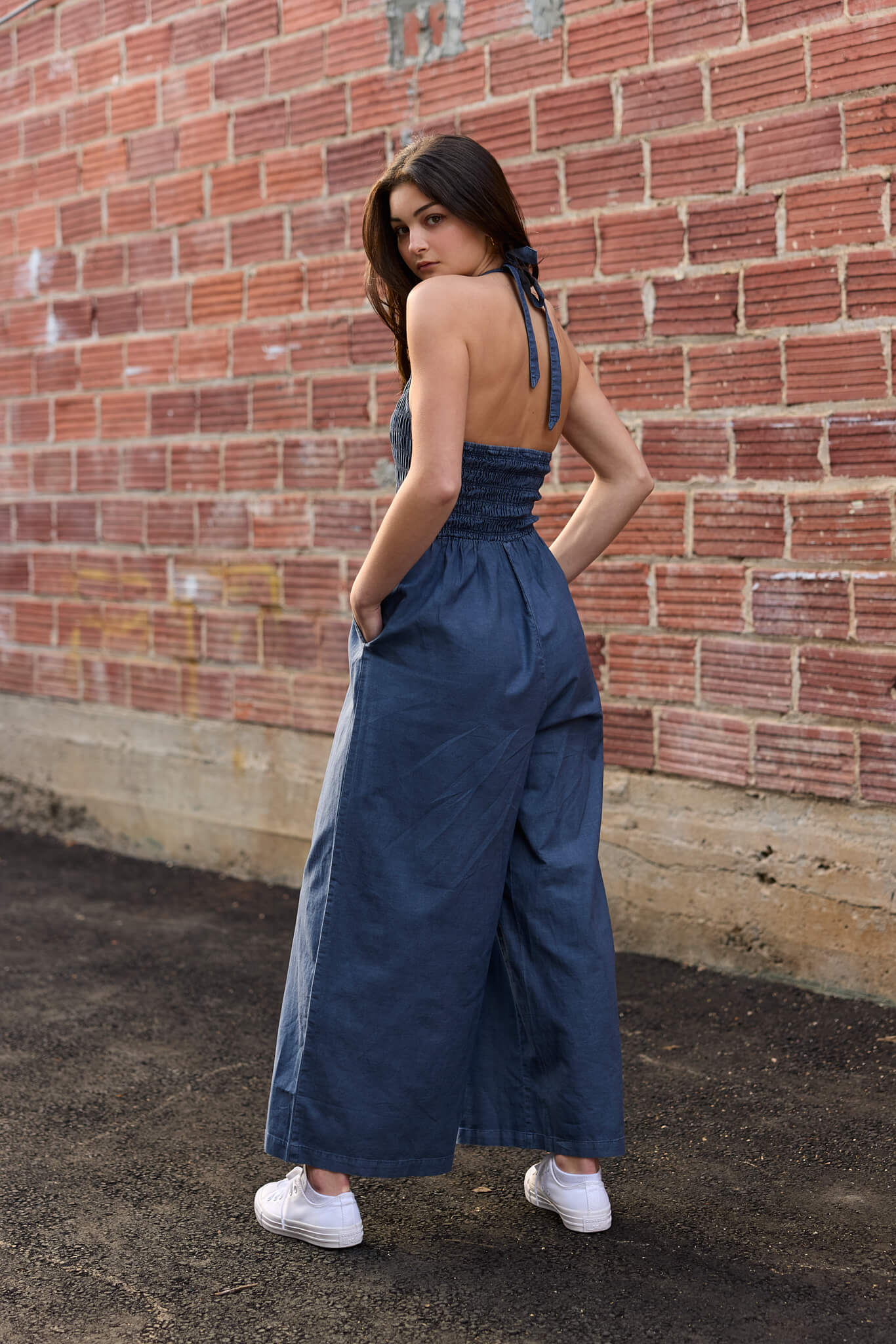 Womens blue smocked top jumpsuit