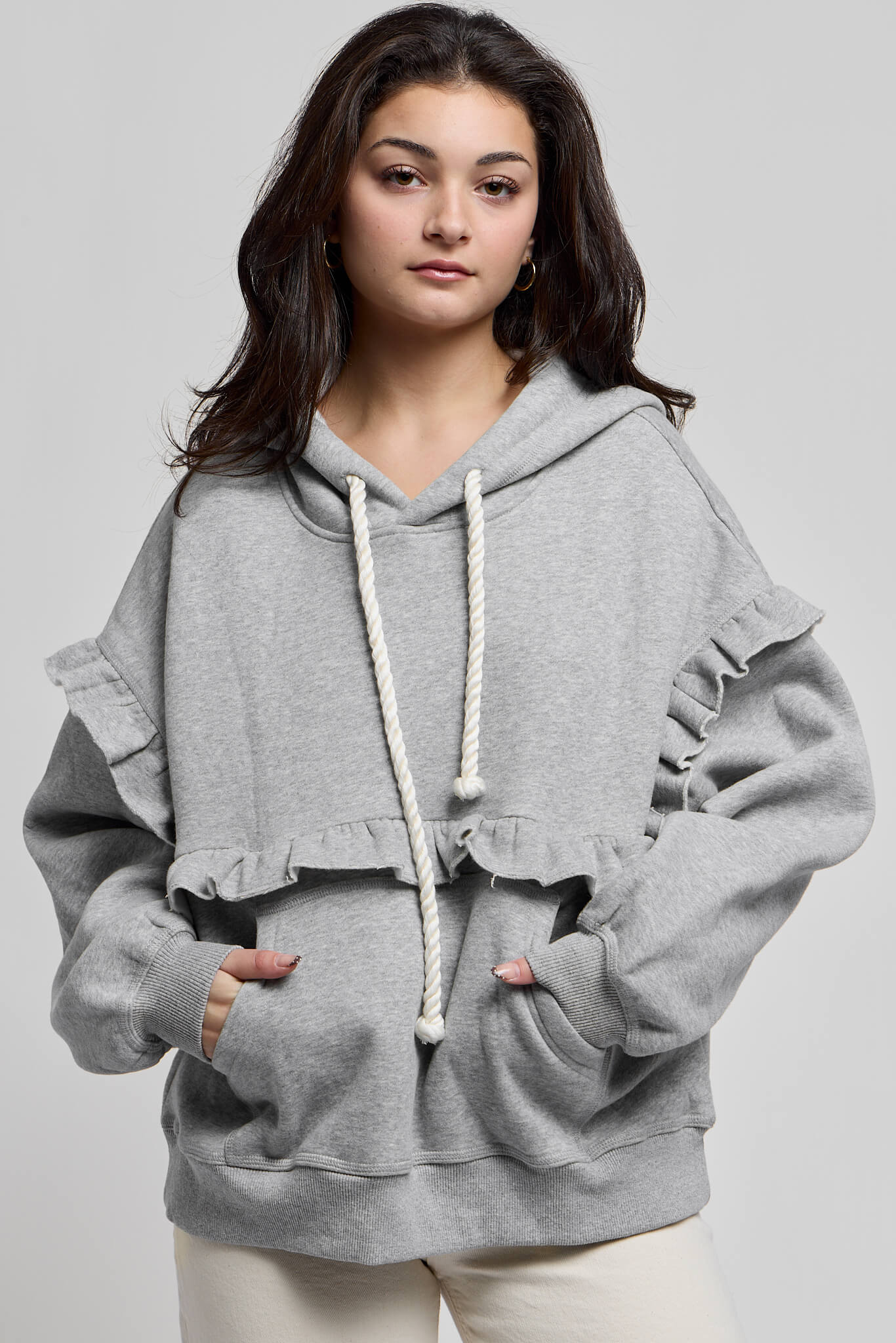 Womens grey ruffle hoodie