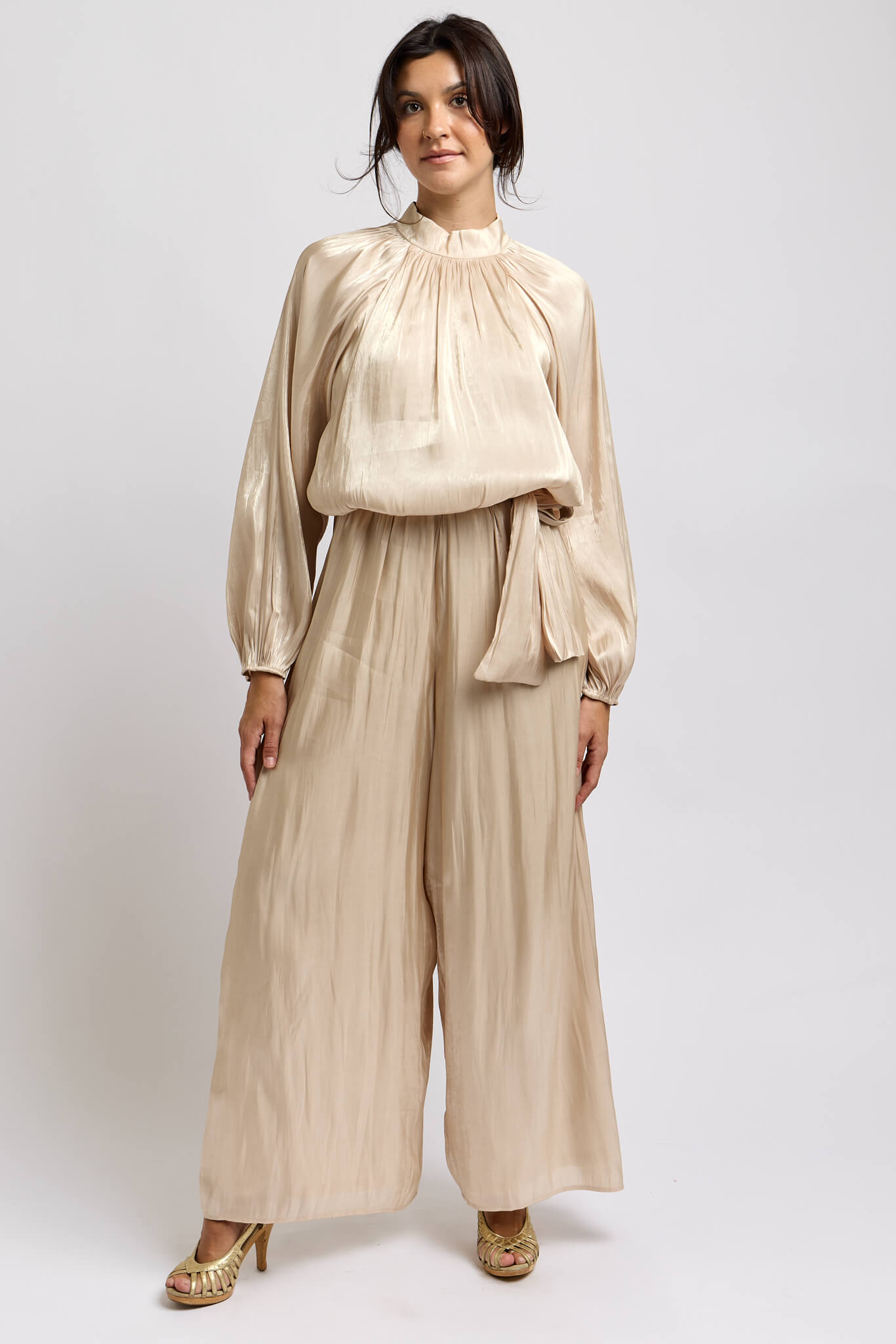Womens jumpsuit with balloon sleeves and a high neck