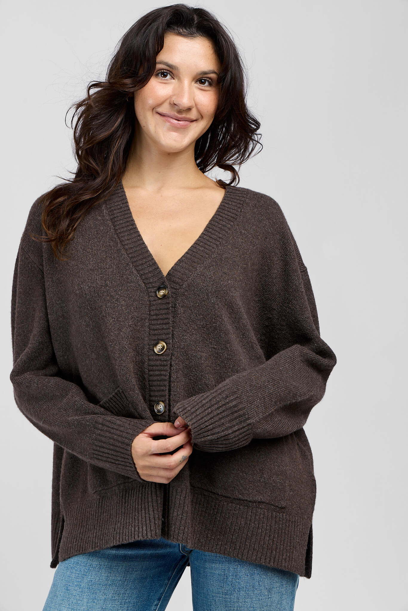 Womens full length cardigan with two front pockets and v neckline