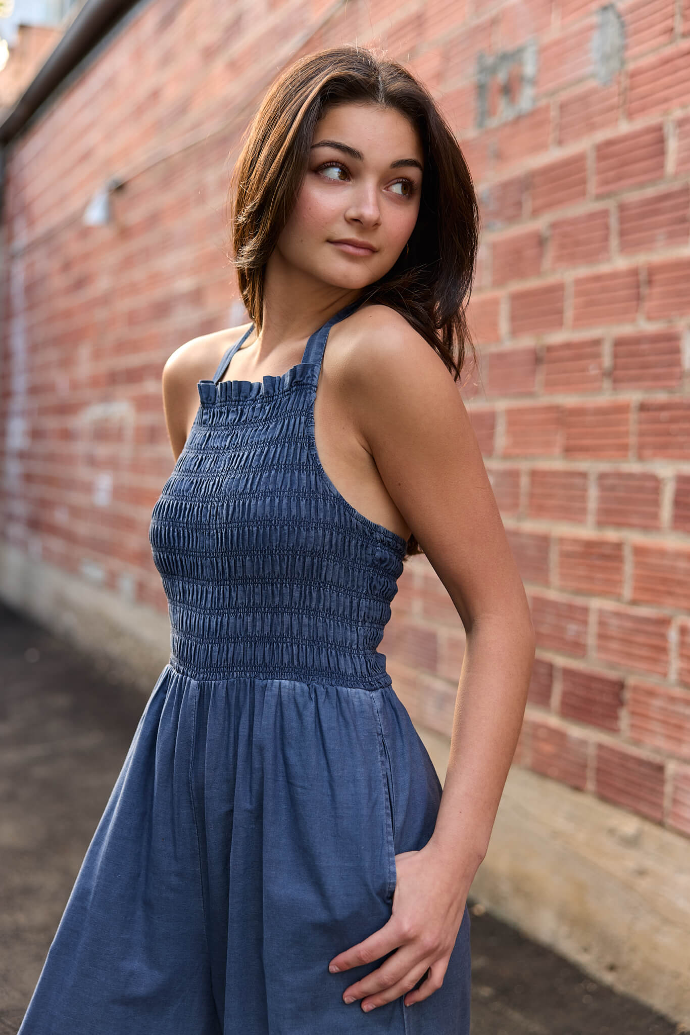 Womens smocked halter jumpsuit with pockets