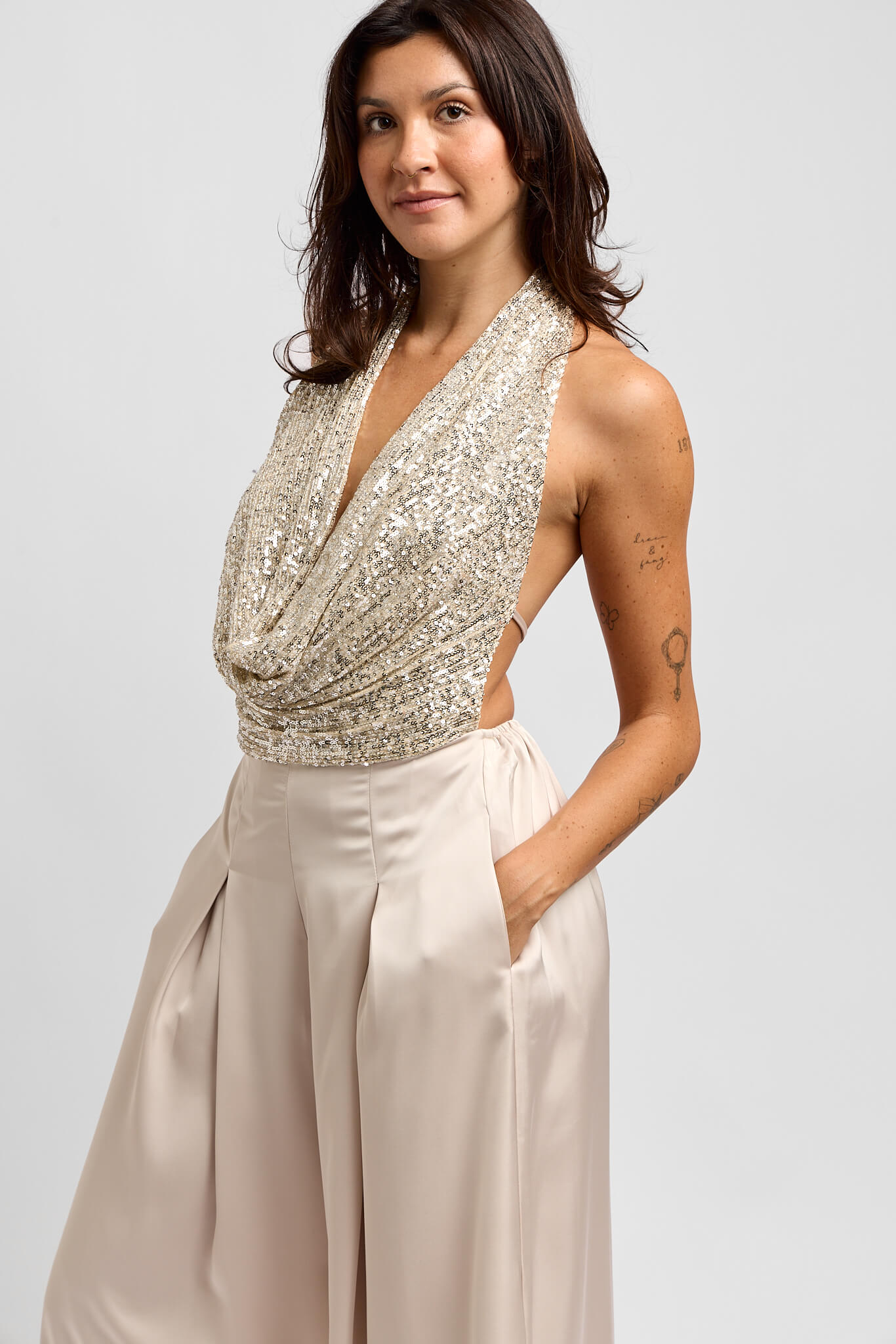 Wmens sequin cowl neck jumpsuit with two front pockets