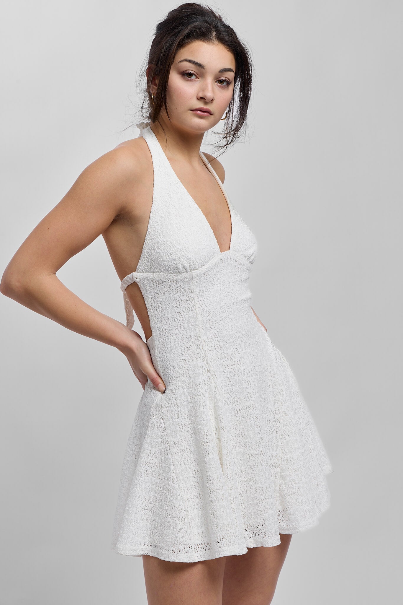 Womens white lace halter mini dress