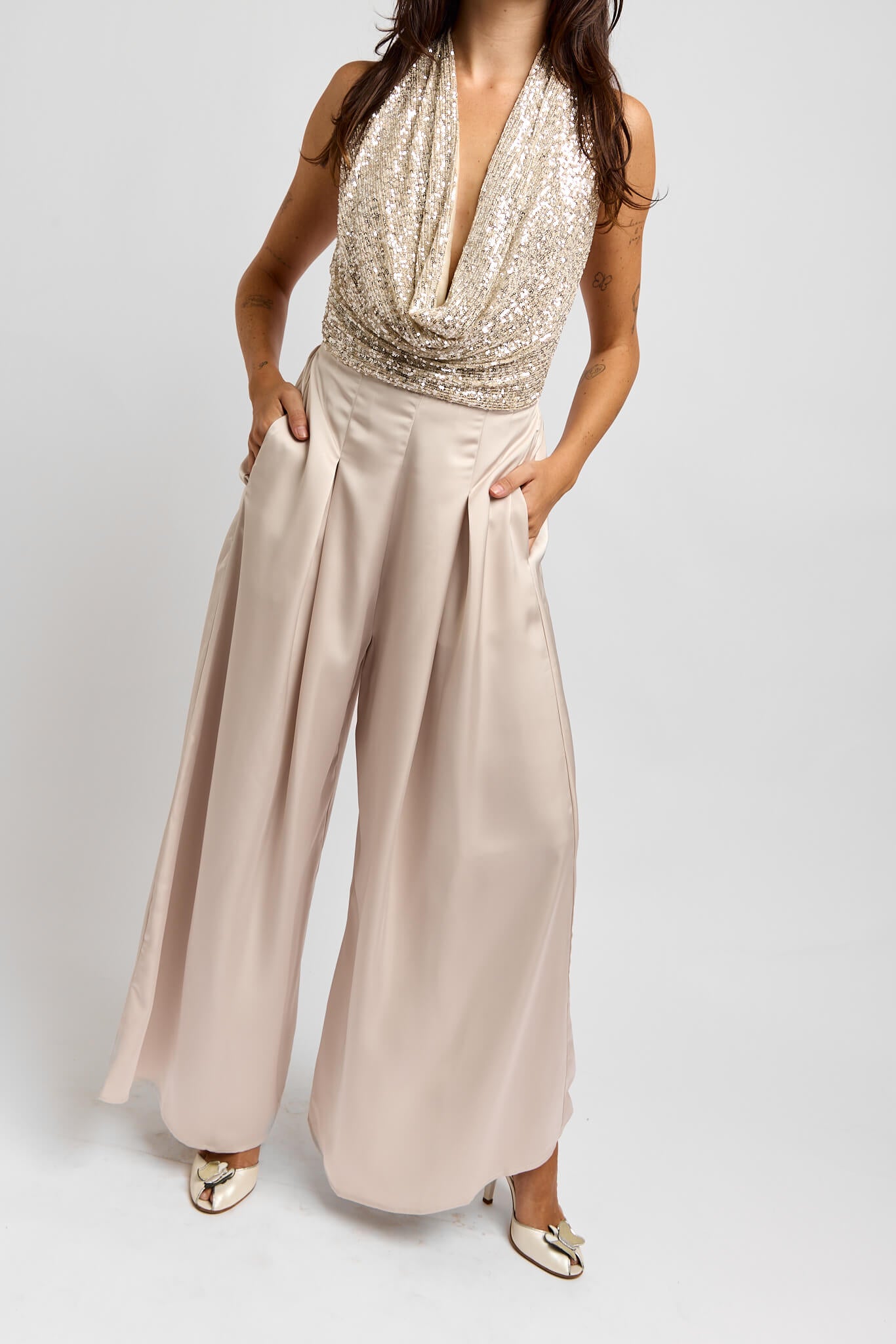 Womens deep cowl neck champagne jumpsuit with wide leg pants with pockets