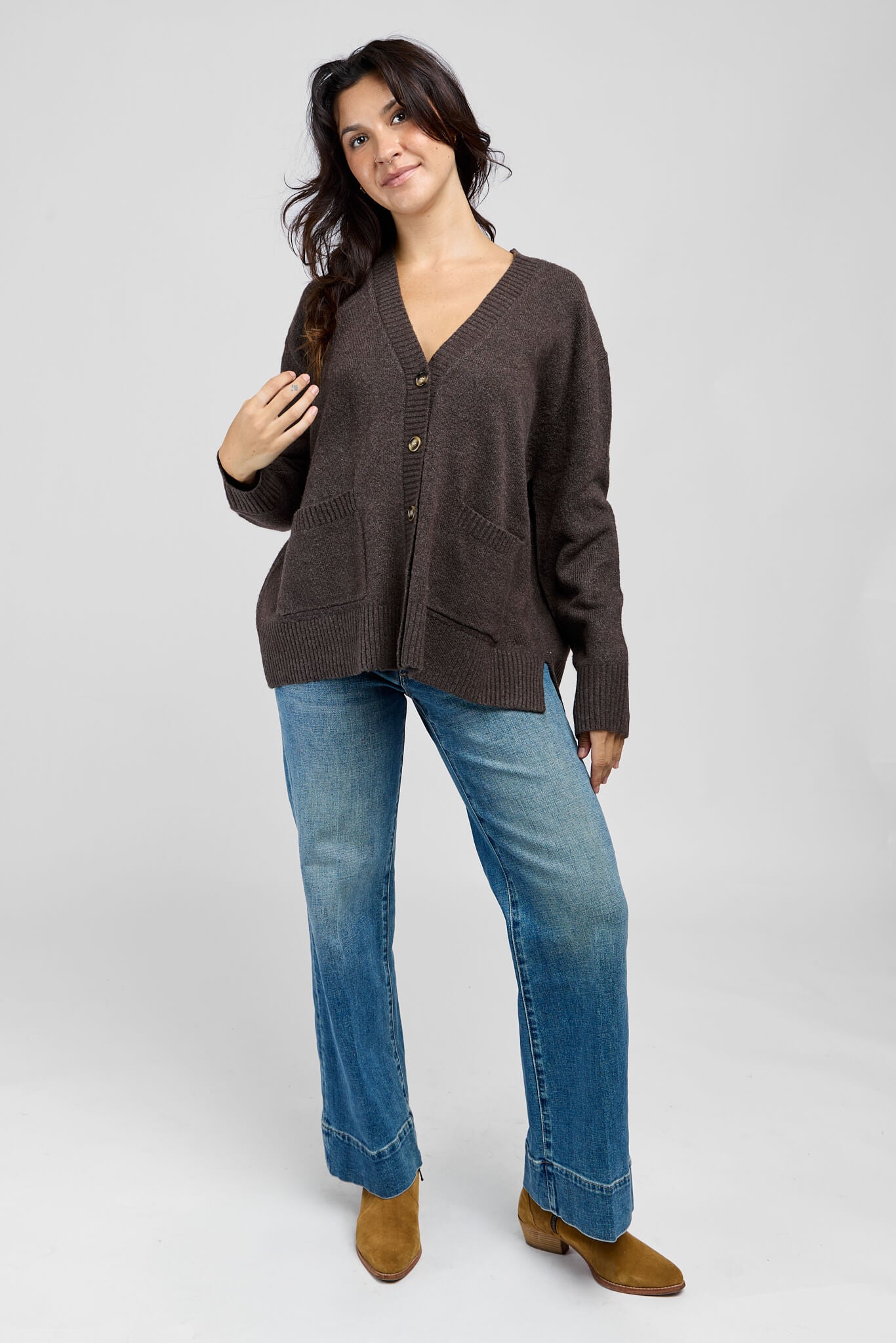Womens full length brown cardigan with long sleeves