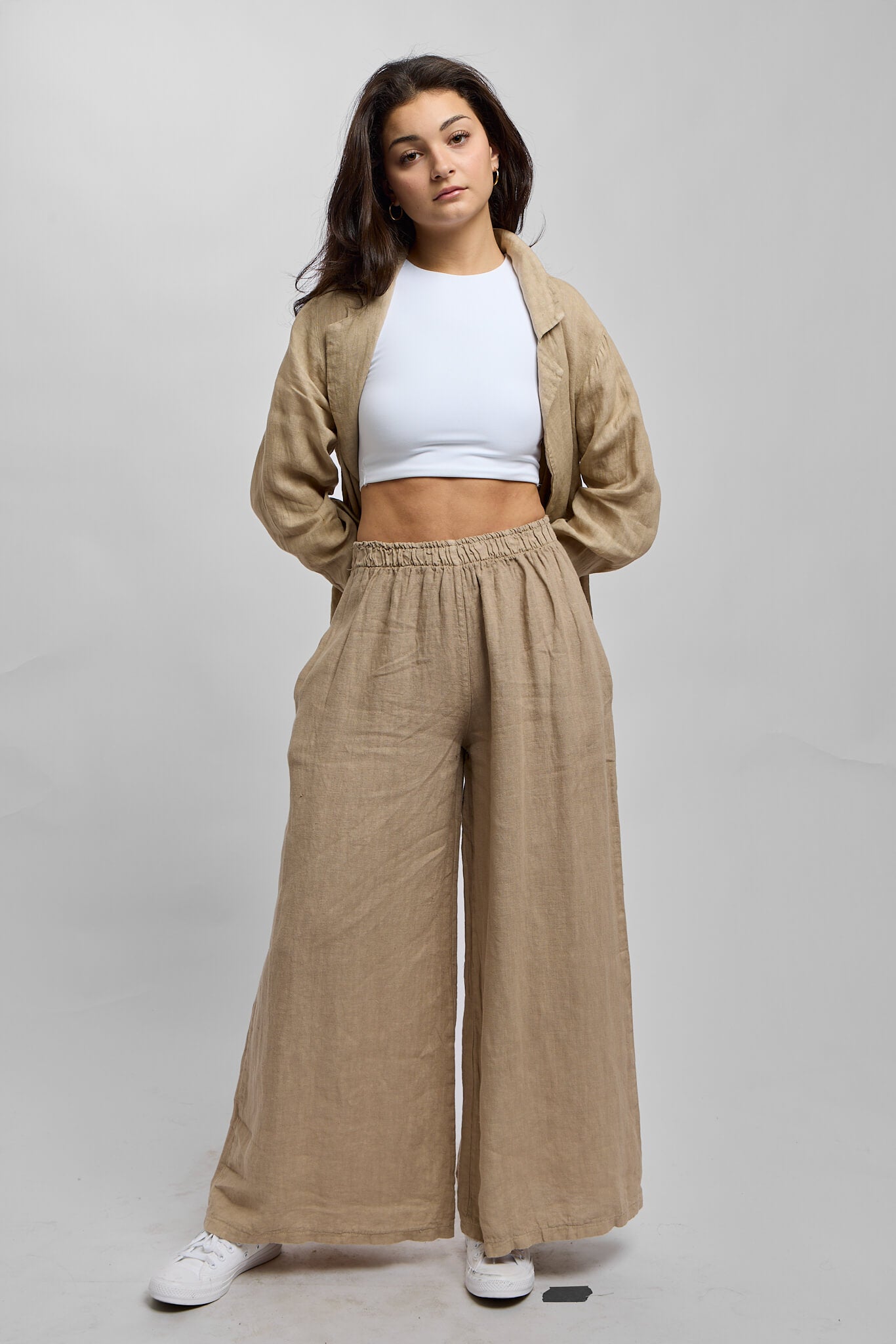 Womens italian linen brown wide leg pant
