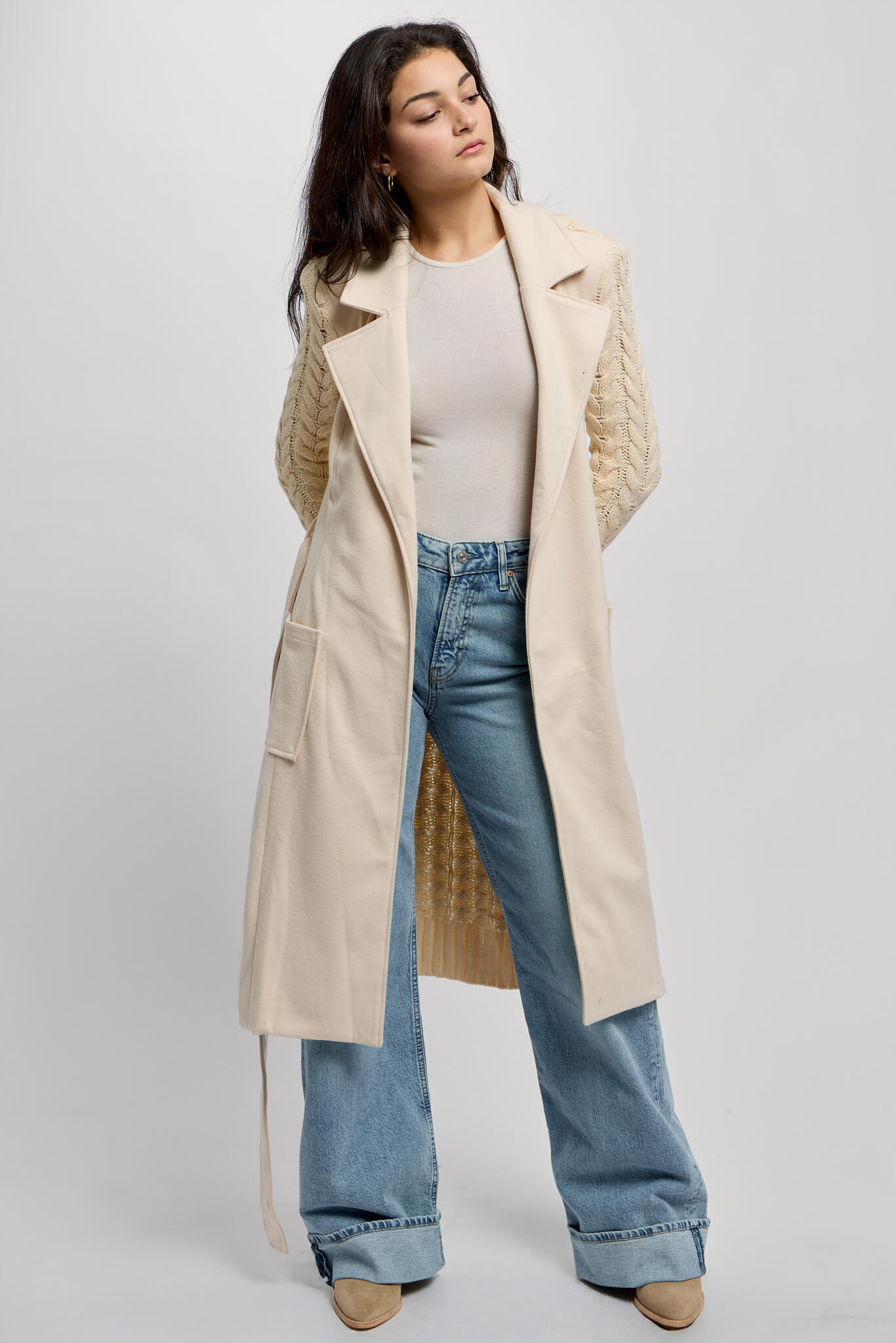 Womens cable knit coat with front pockets and waist tie