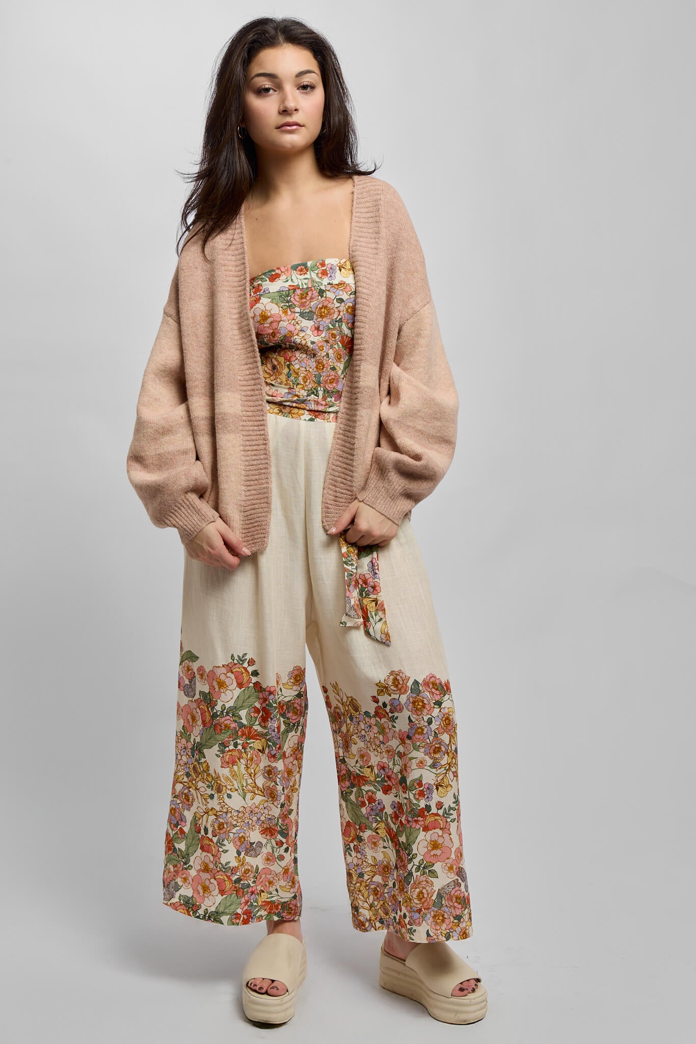 Womens linen blend jumpsuit with floral print throughout