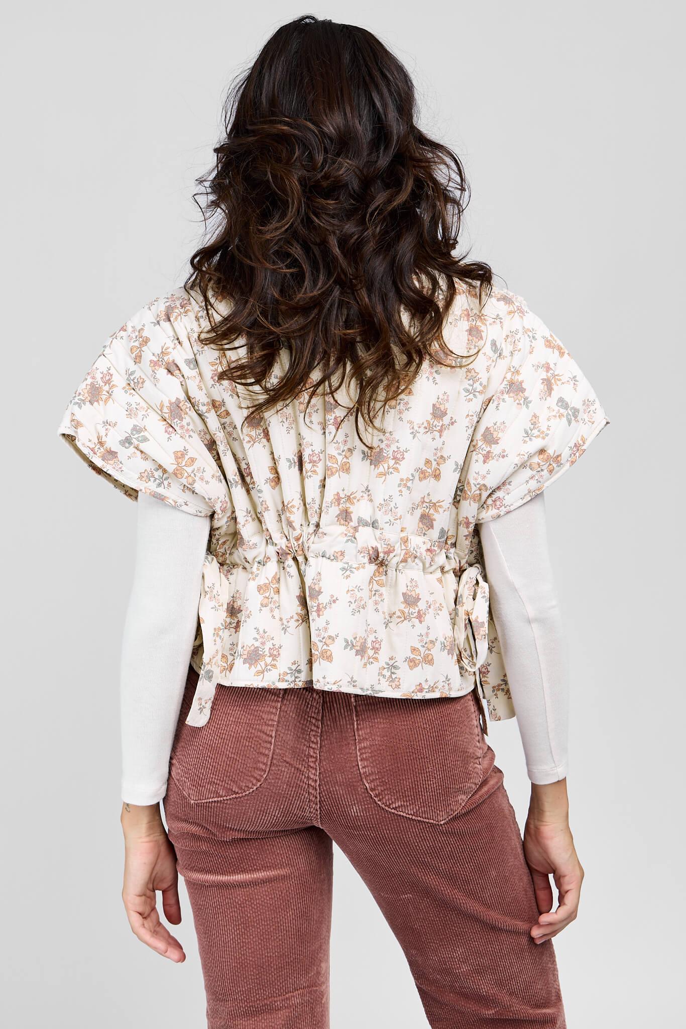 Womens floral print oversized vest with back cinching and side ties