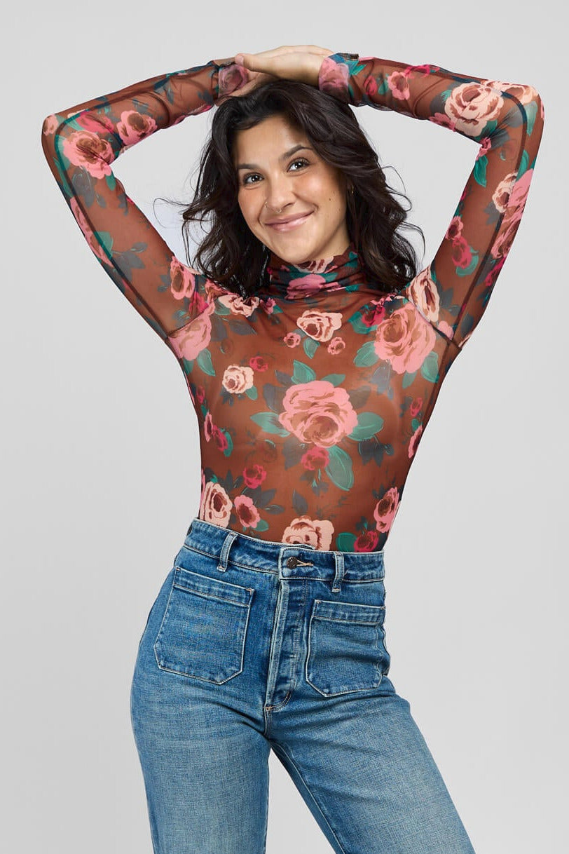 Womens long sleeve rustic brown mesh top with turtleneck