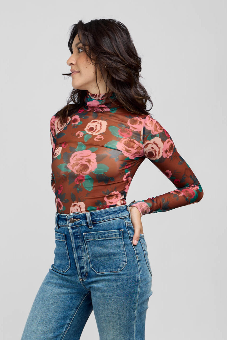 Womens floral long sleeve semi sheer top