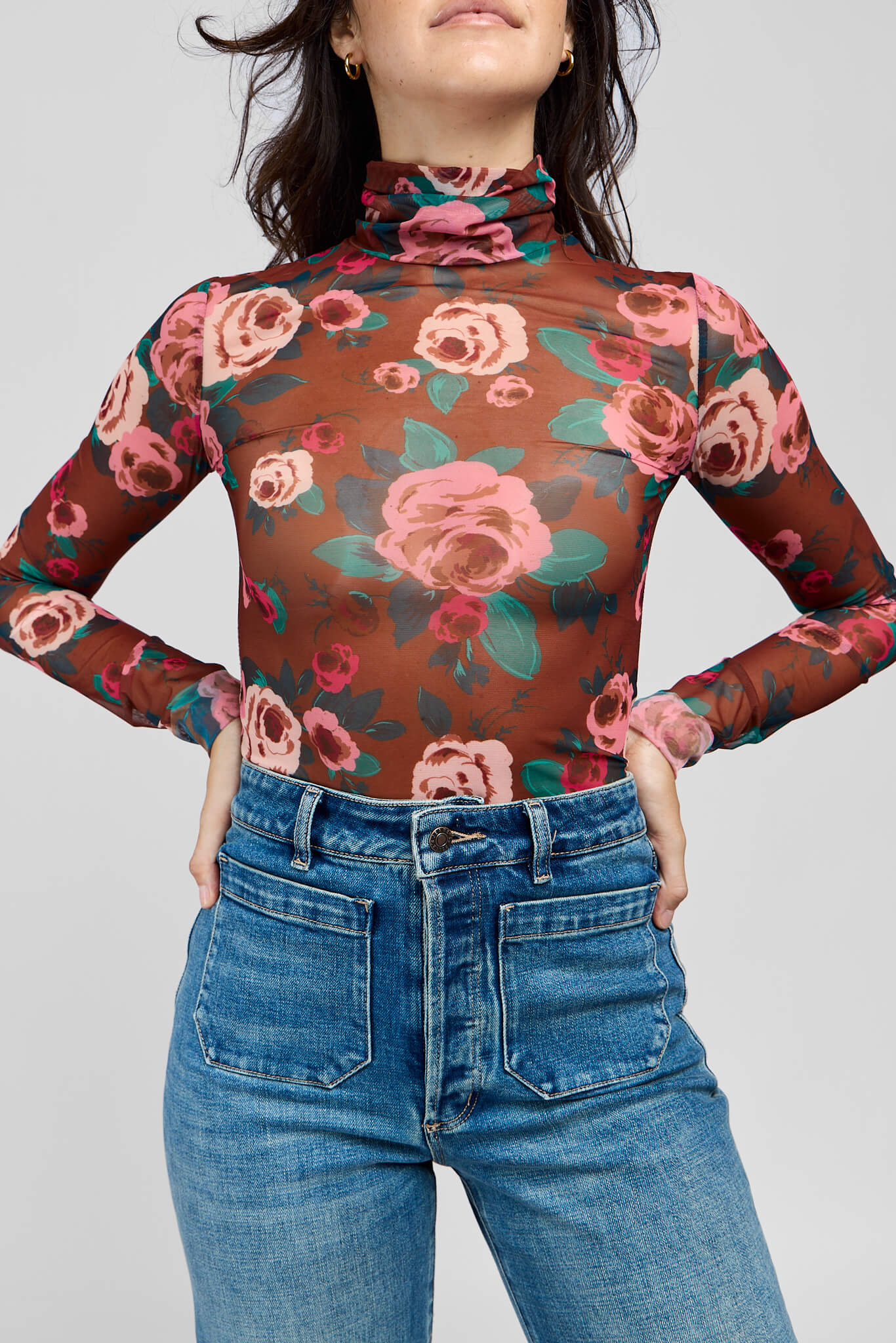 Womens sheer turtleneck mesh top with roses throughout