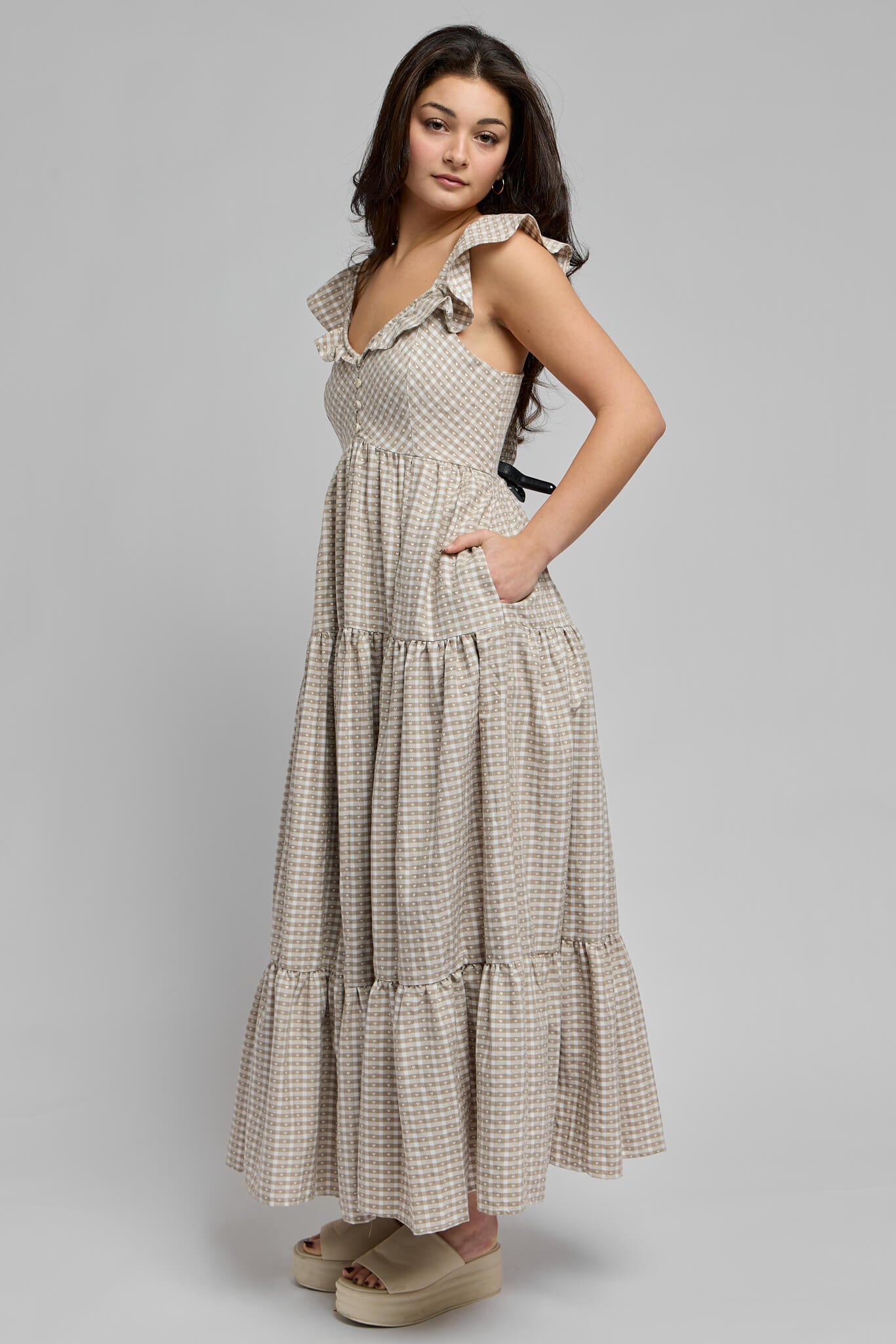 Womens gingham maxi dress with ruffle spaghetti sleeves an pockets
