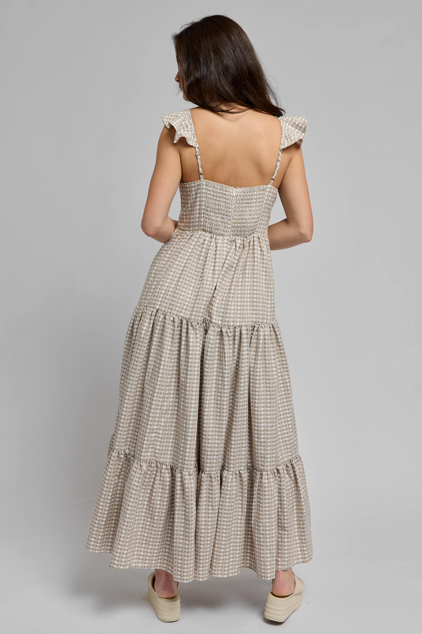 Womens beige and white tiered dress with smocked back and back zipper