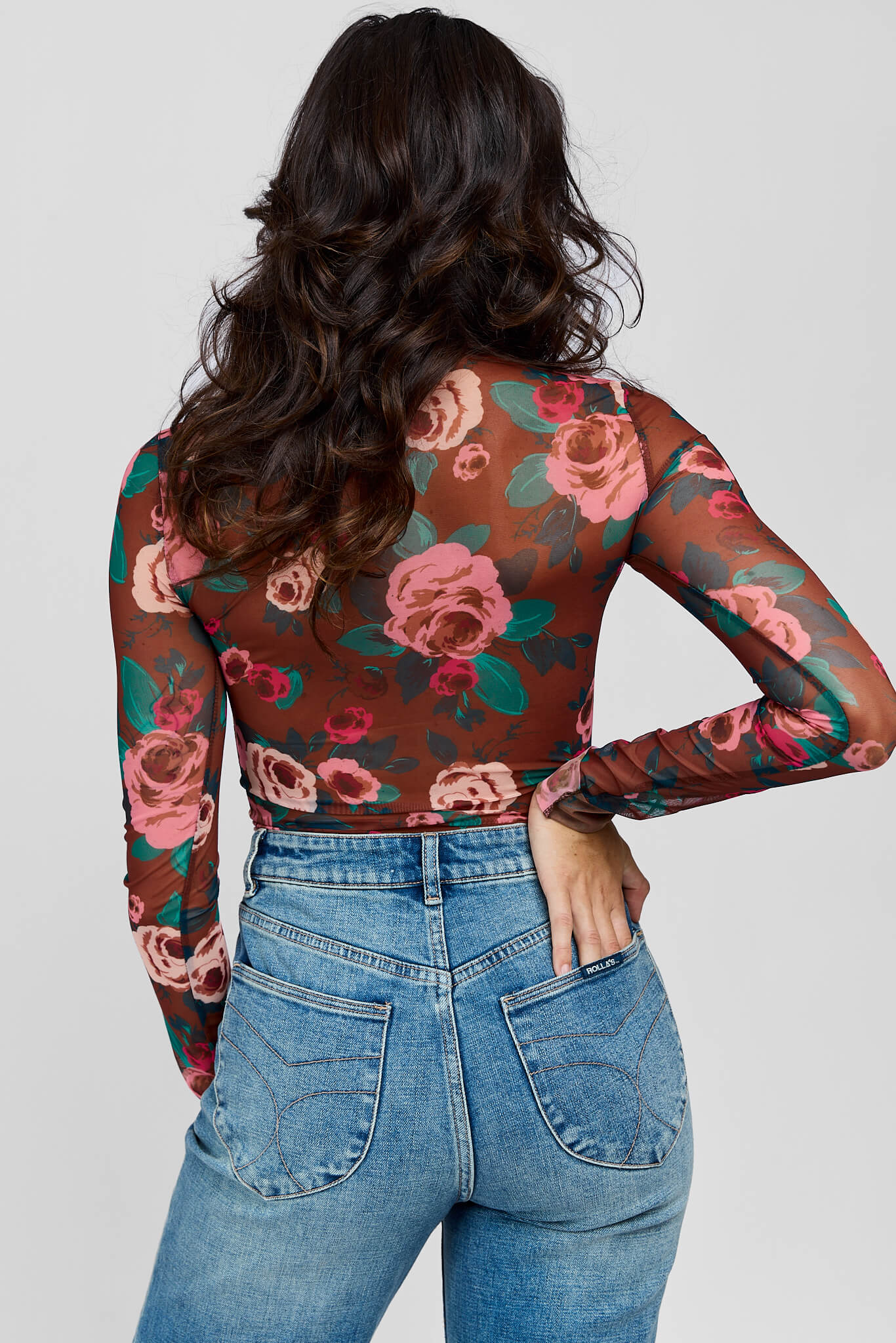 Womens floral print long sleeve mesh top