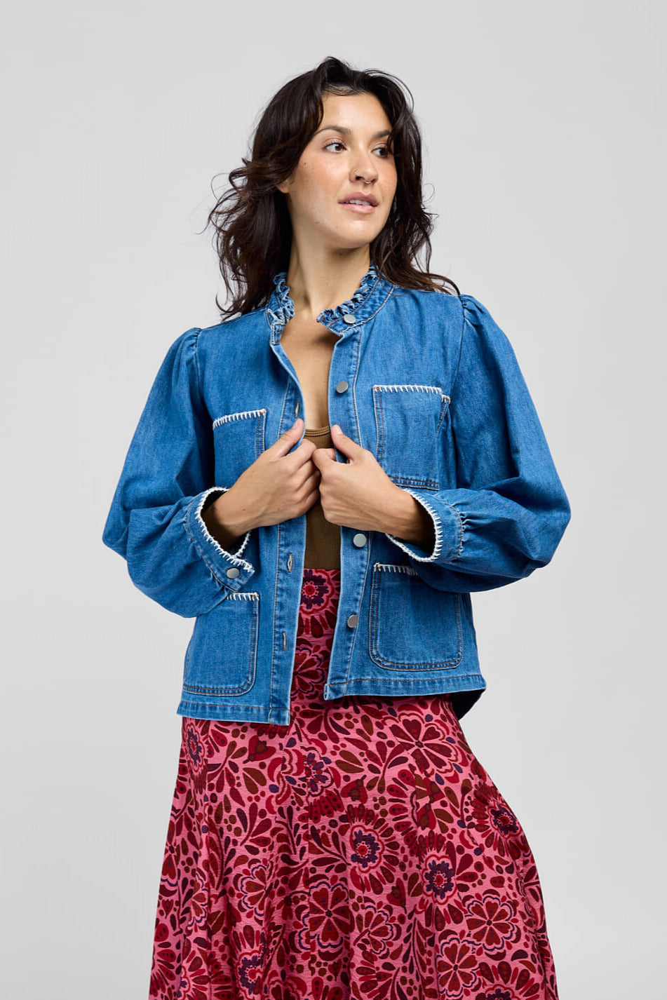 Womens blue denim jacket with ruffle collar