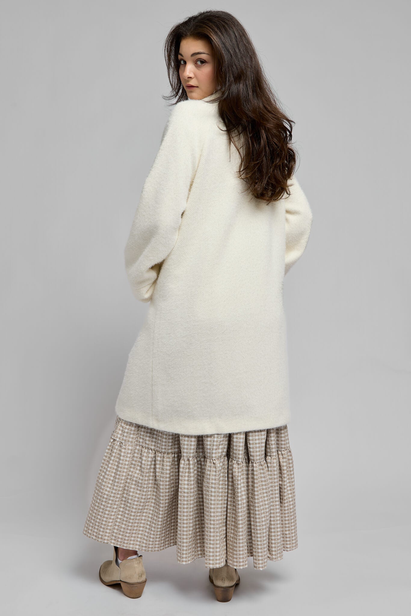 Womens fuzzy long coat in ivory