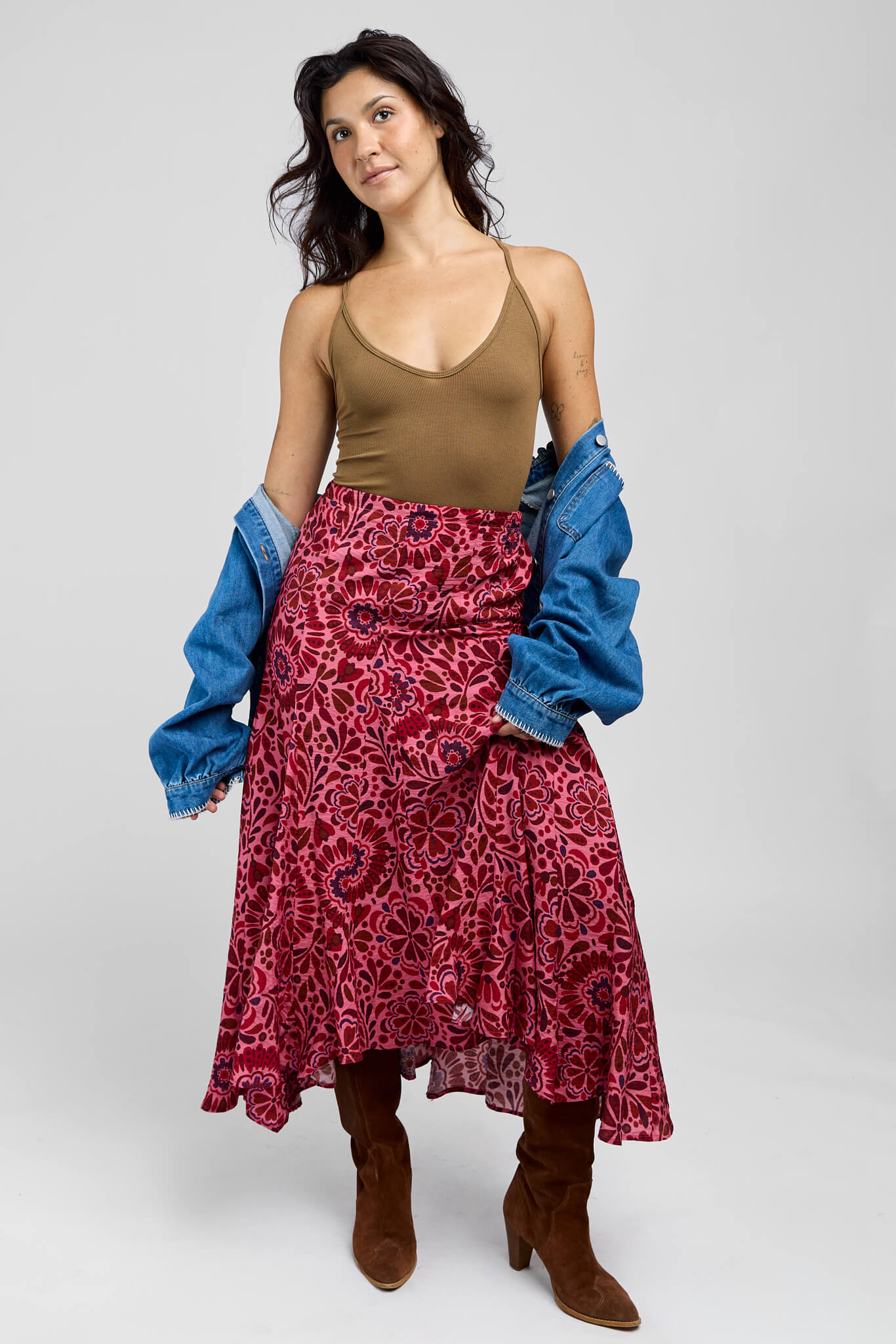 Womens pink printed midi skirt