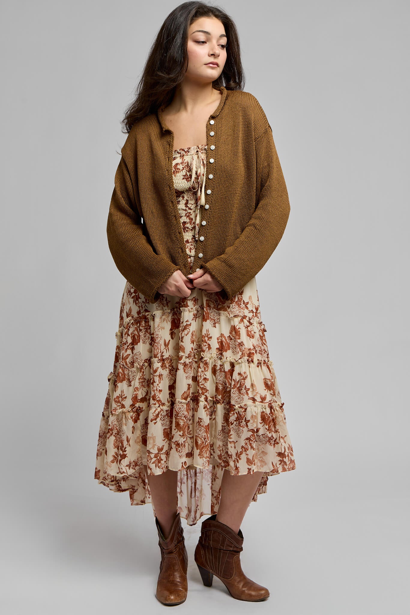 Womens flowy midi dress that can be paired with a brown cardigan and boots