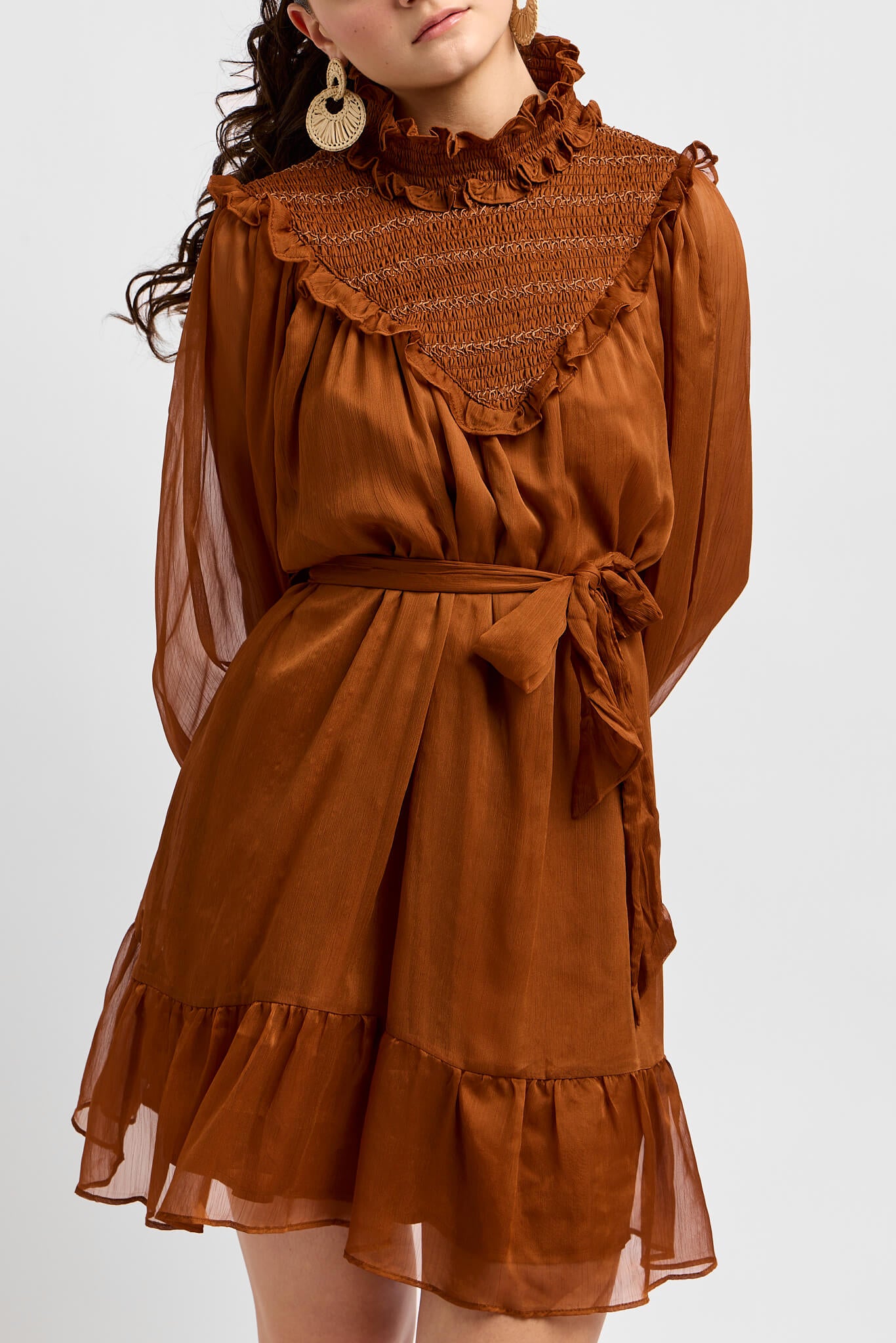 Womens rust color ruffle sheer dress
