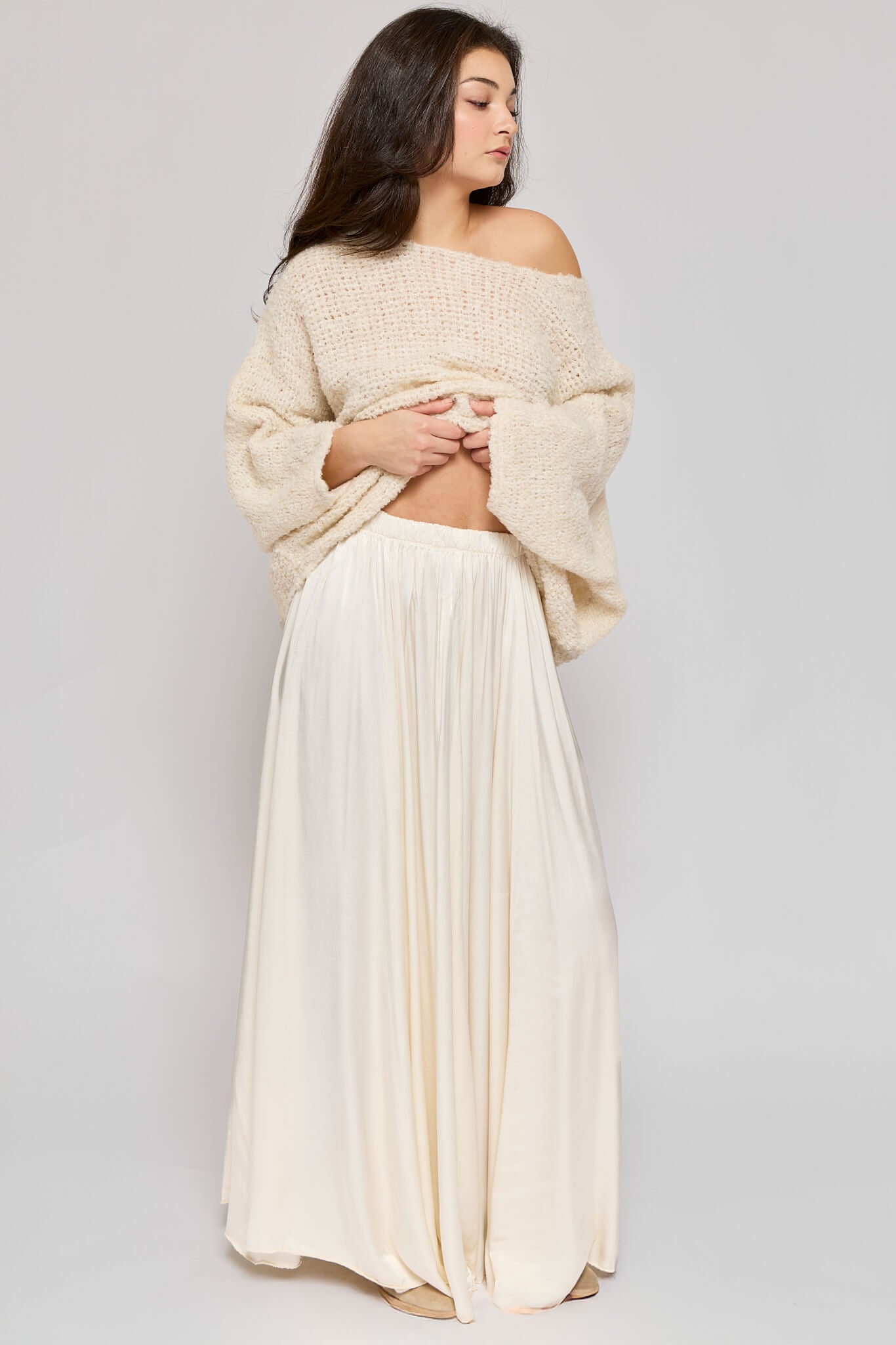 Womens ivory silky maxi high waist skirt