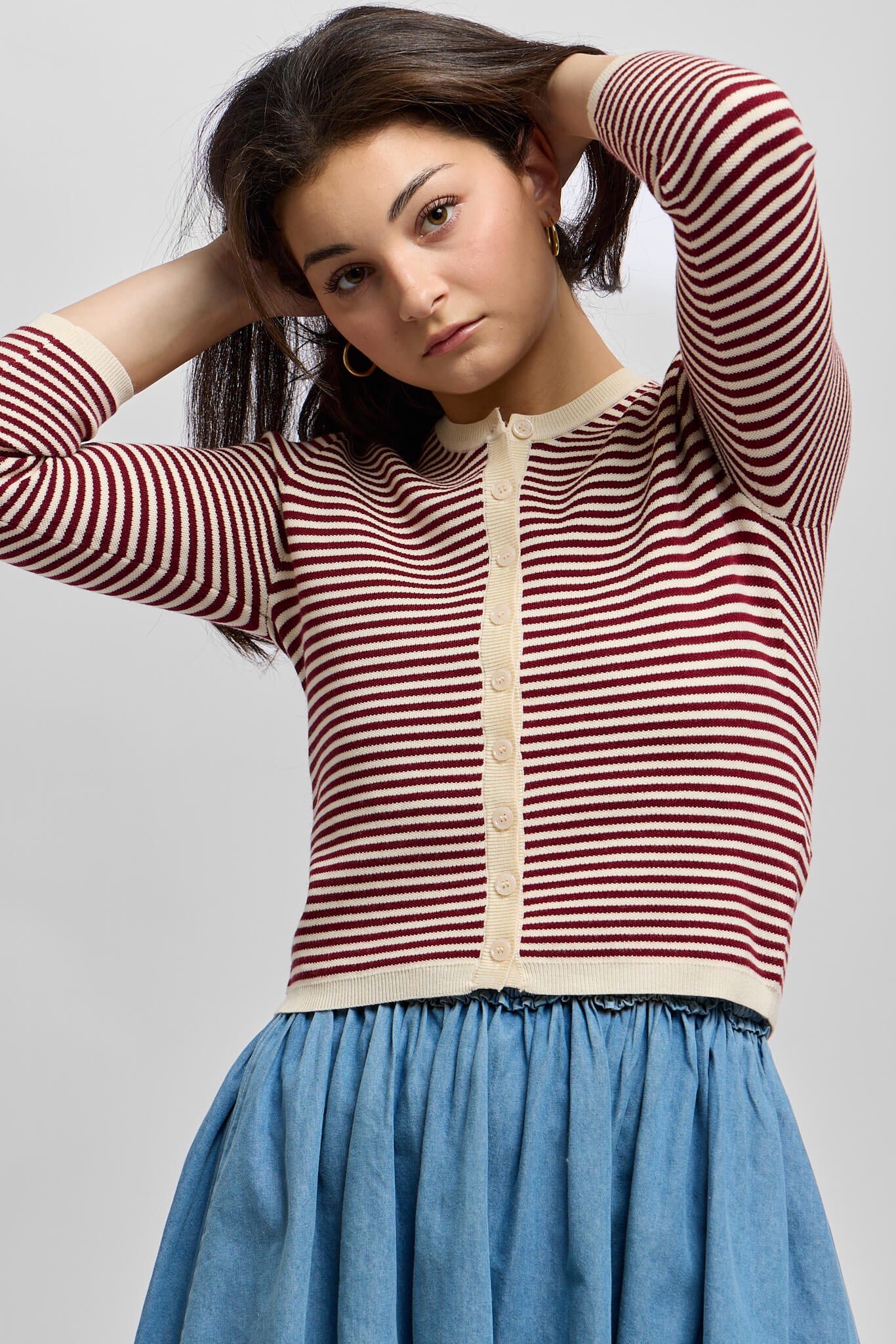 Womens burgundy striped cardigan with cream