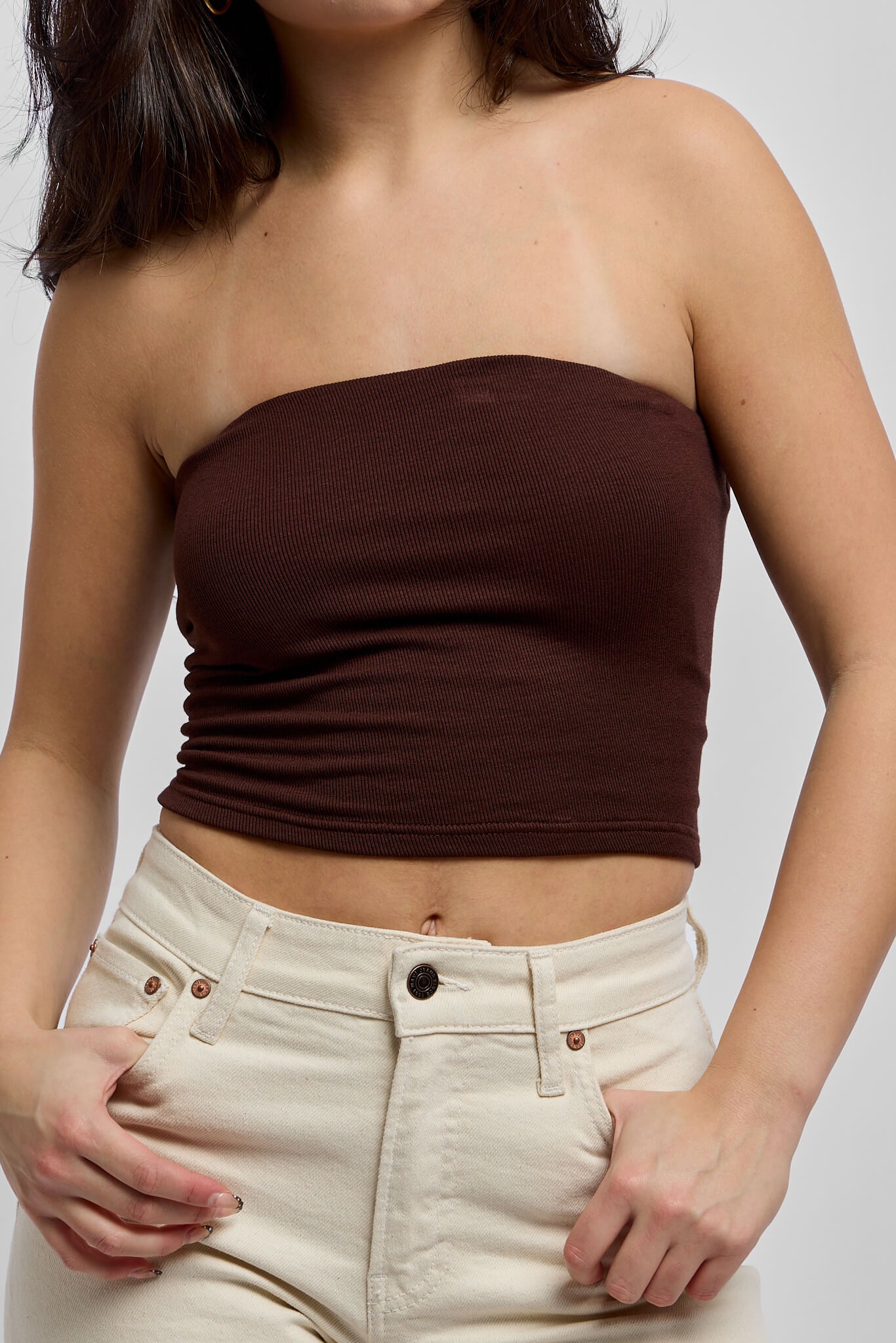 Womens ribbed brown stretchy tube top