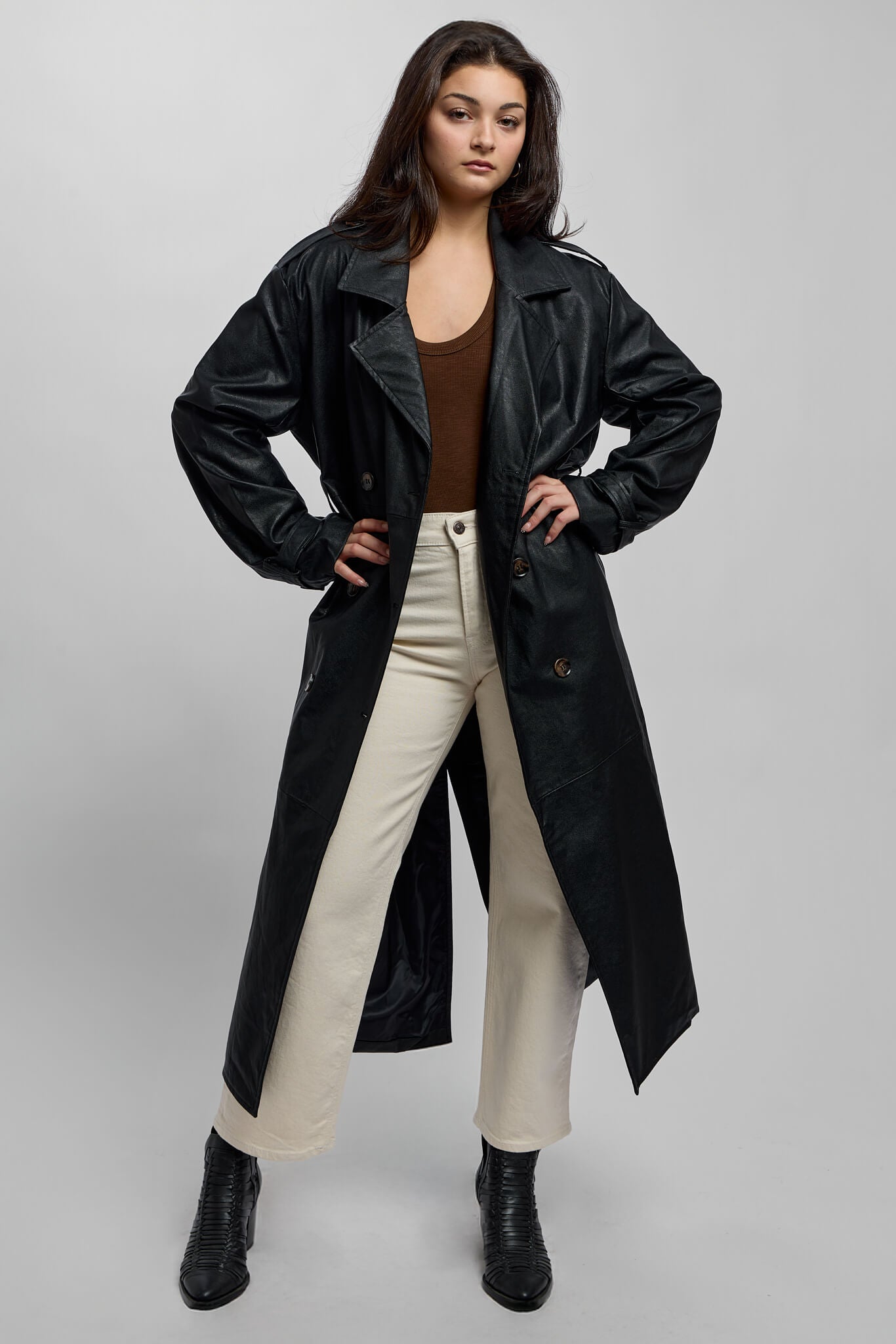 Womens black trench coat with back slit