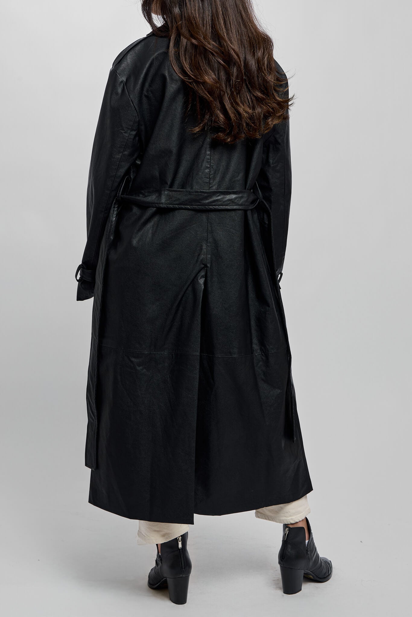 Womens black vegan leather trench coat with waist tie