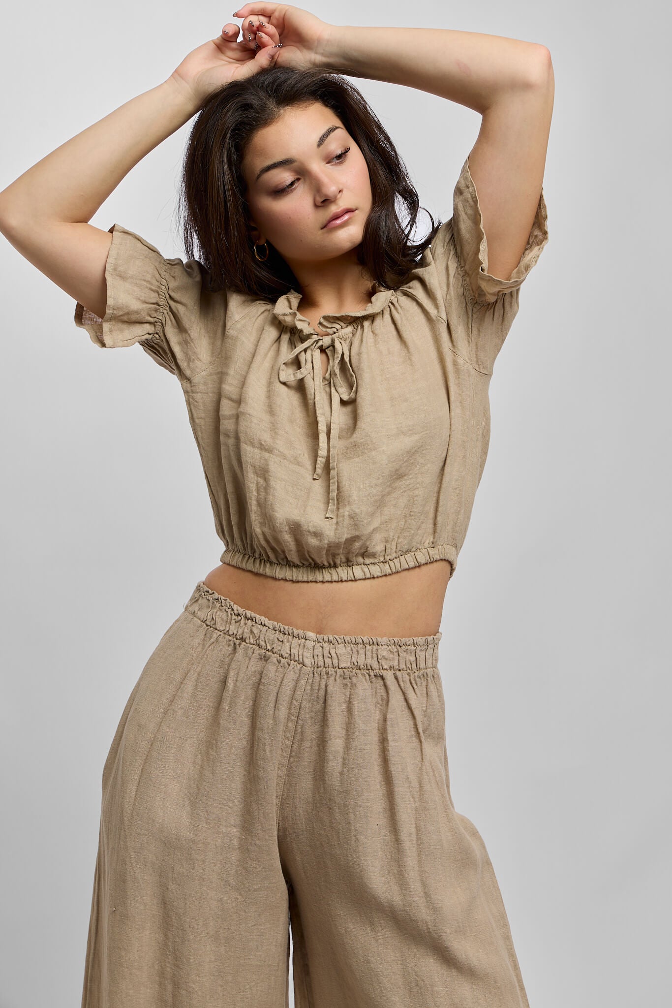 Womens brown linen short sleeve crop top