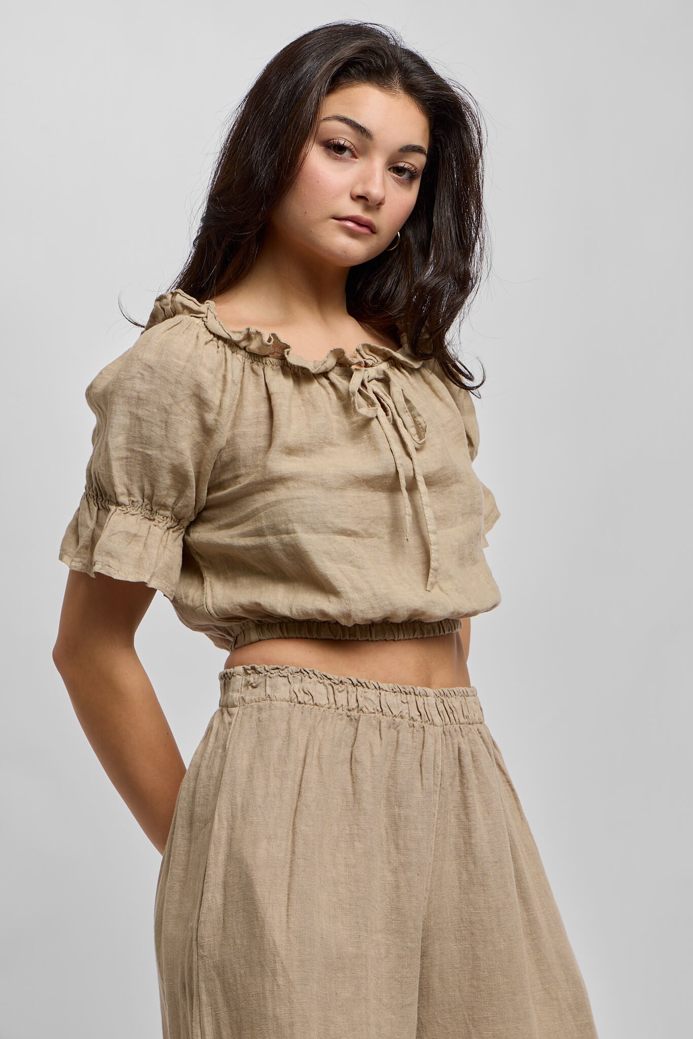 Womens brown italian linen crop top