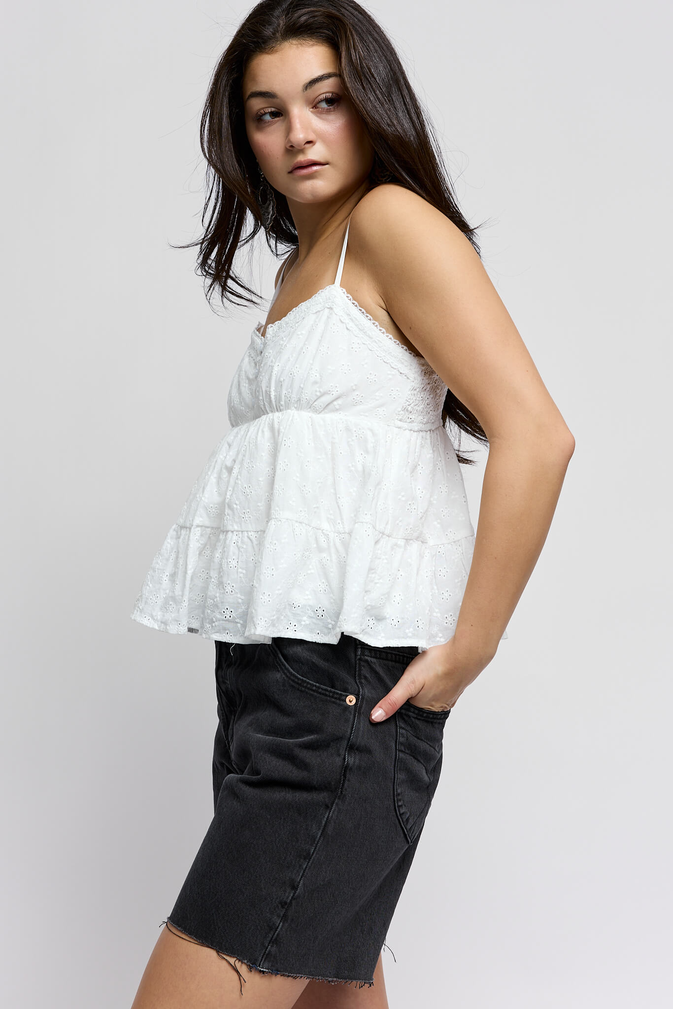 Womens wihte tiered shirt with lace trim on top