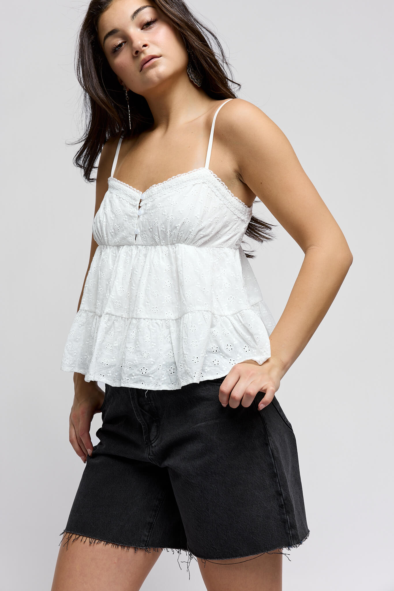 Womens white pointelle and lace detail tank with adjustable straps