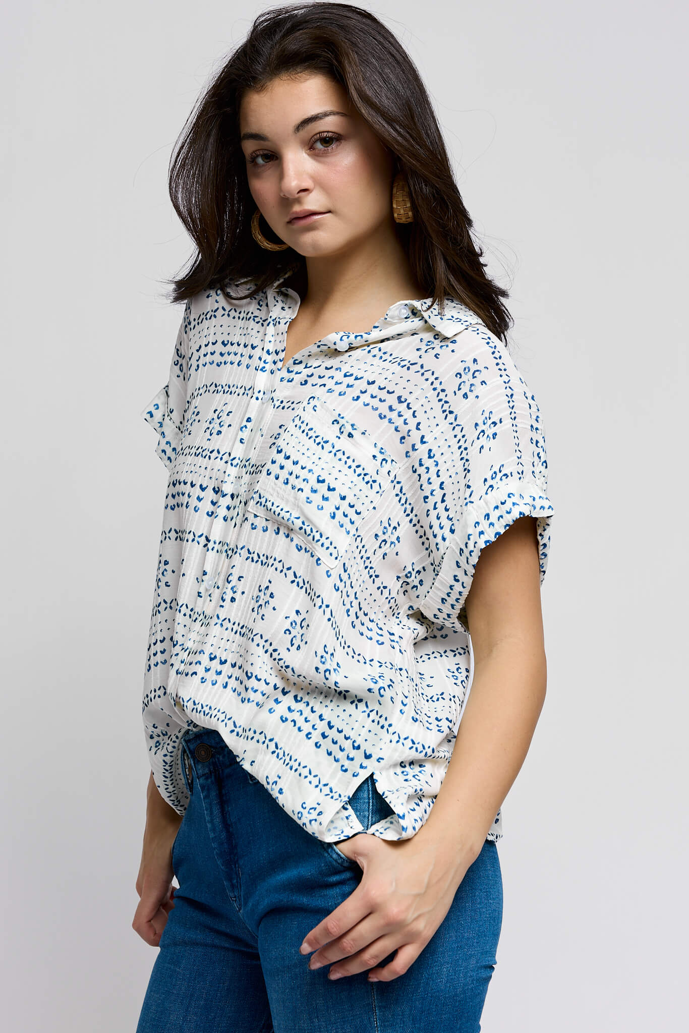 Womens cuffed short sleeve button up top