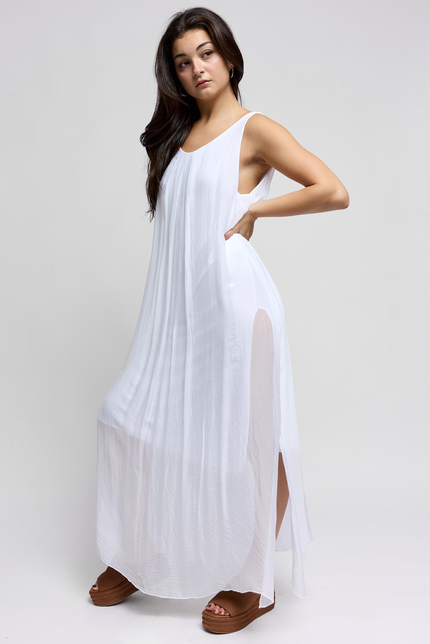 Womens sheer maxi dress with slip under that has high slit
