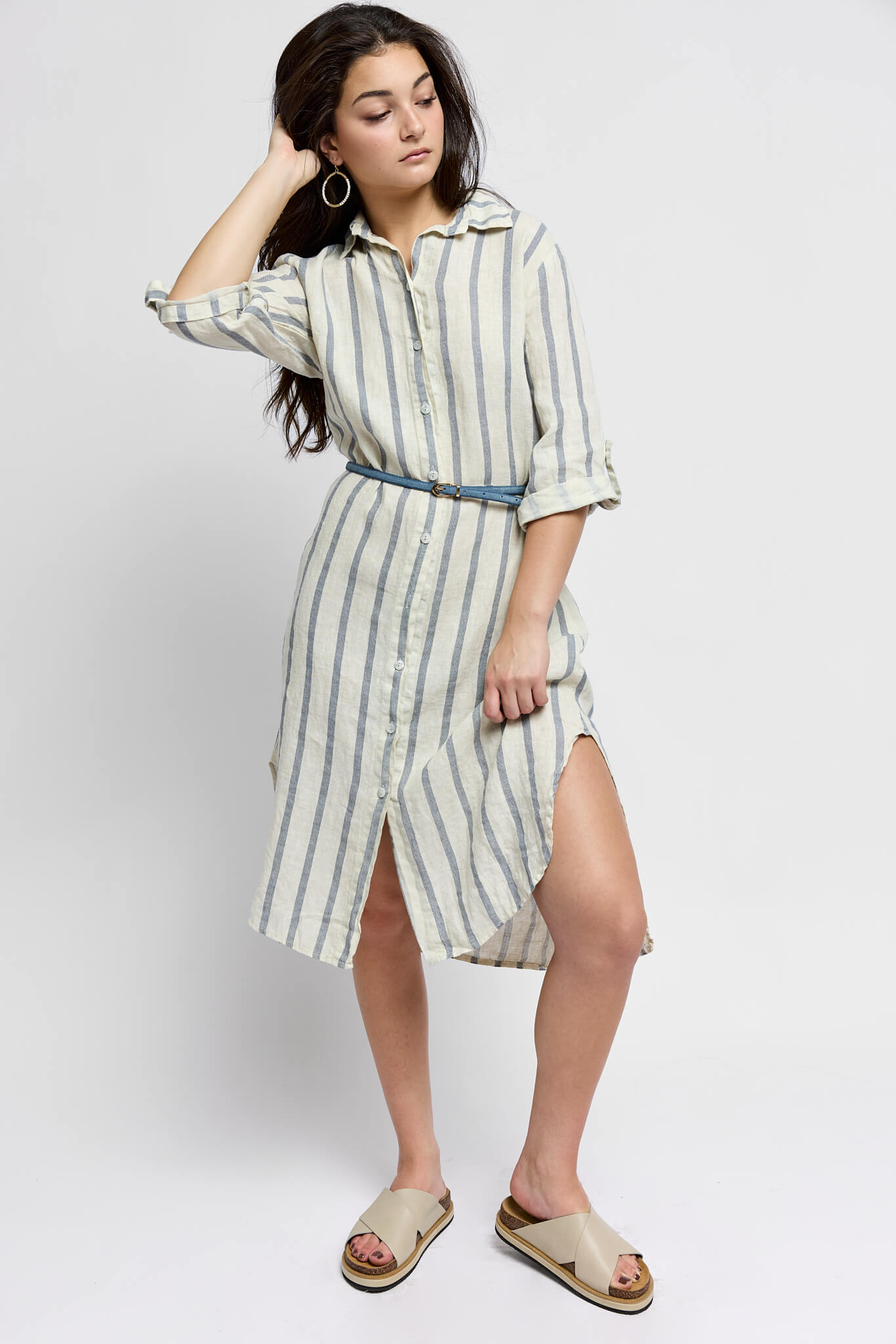 Womens striped tunic with rolled cuff sleeves