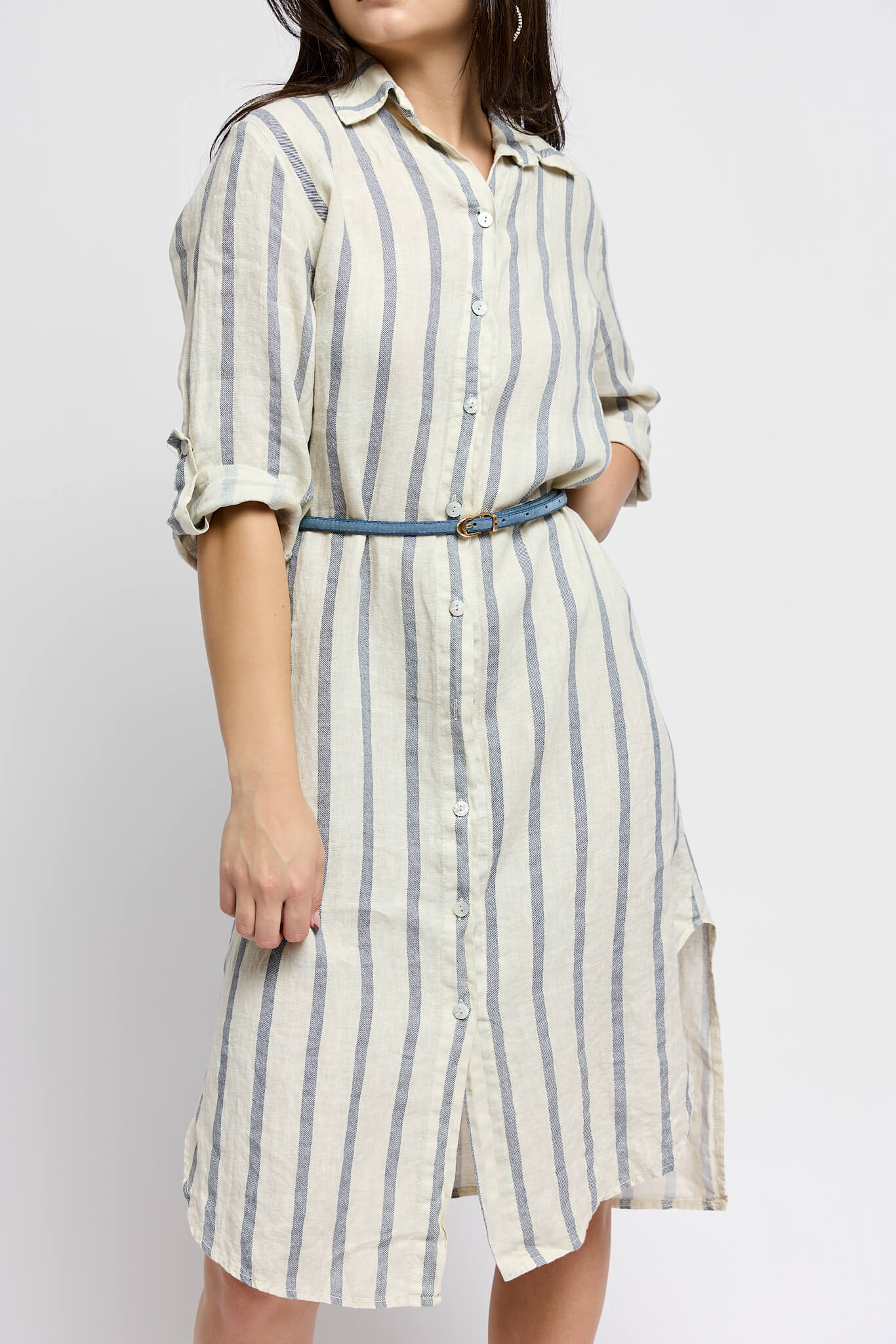 Womens tunic with buttons down front and cuffed sleeves that can be rolled down