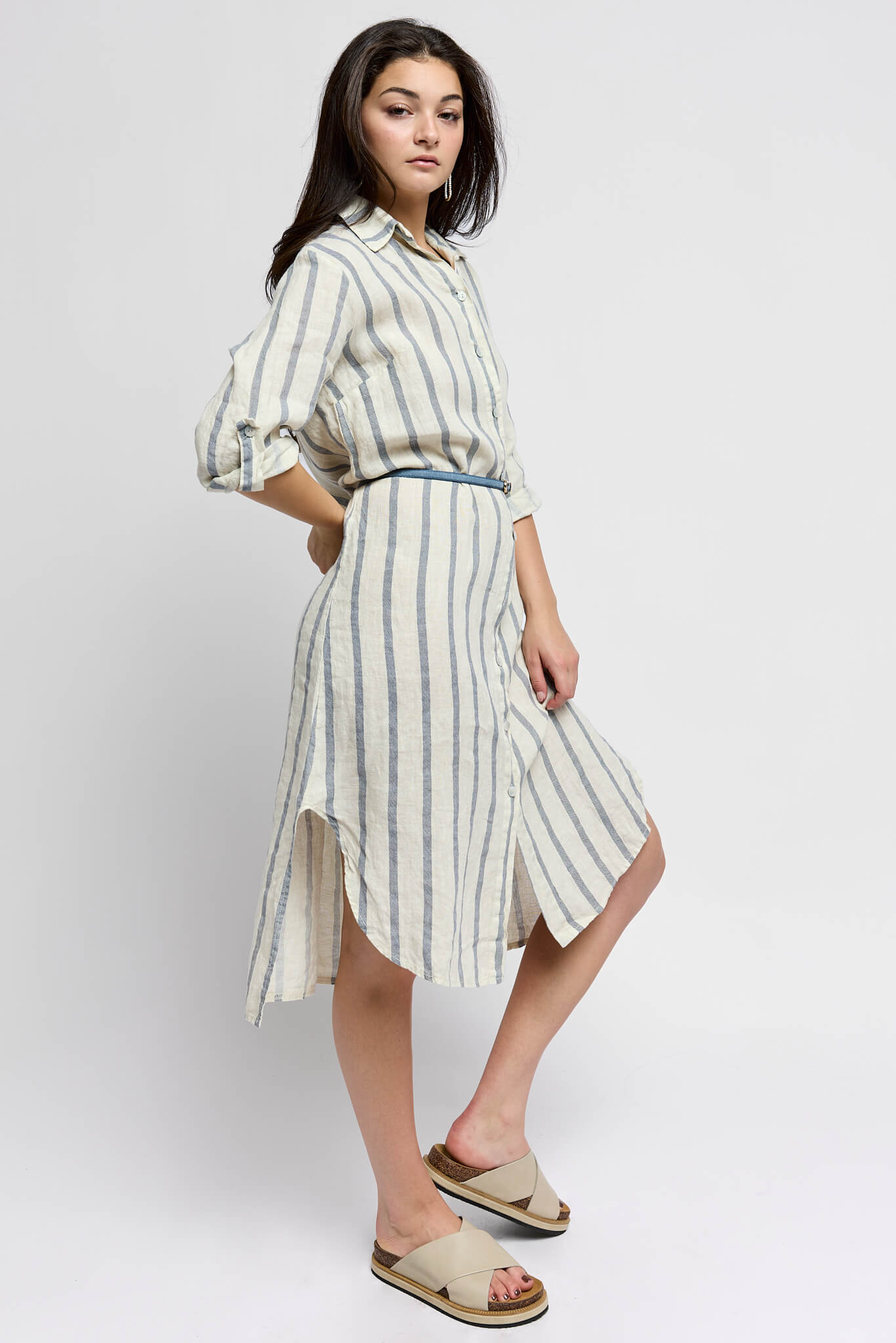 Womens ivory tunic with light blue grey striped dowt